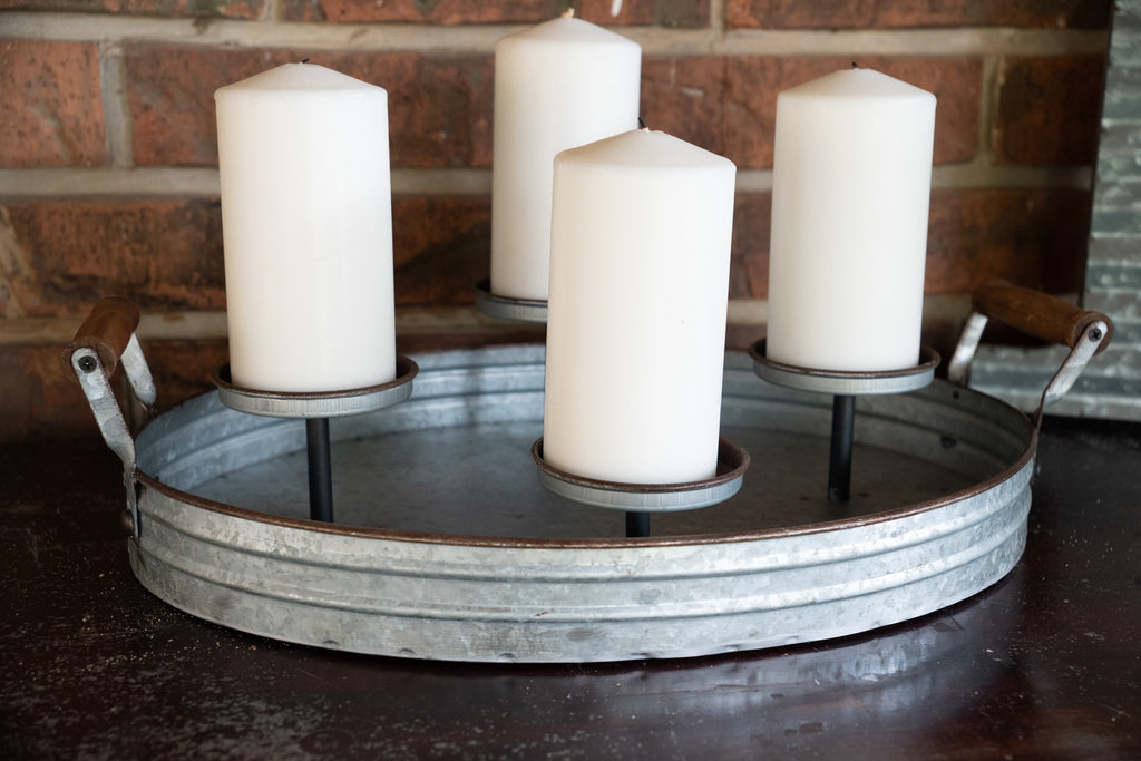 Galvanized Metal 4-Pillar Candle Tray with Candles