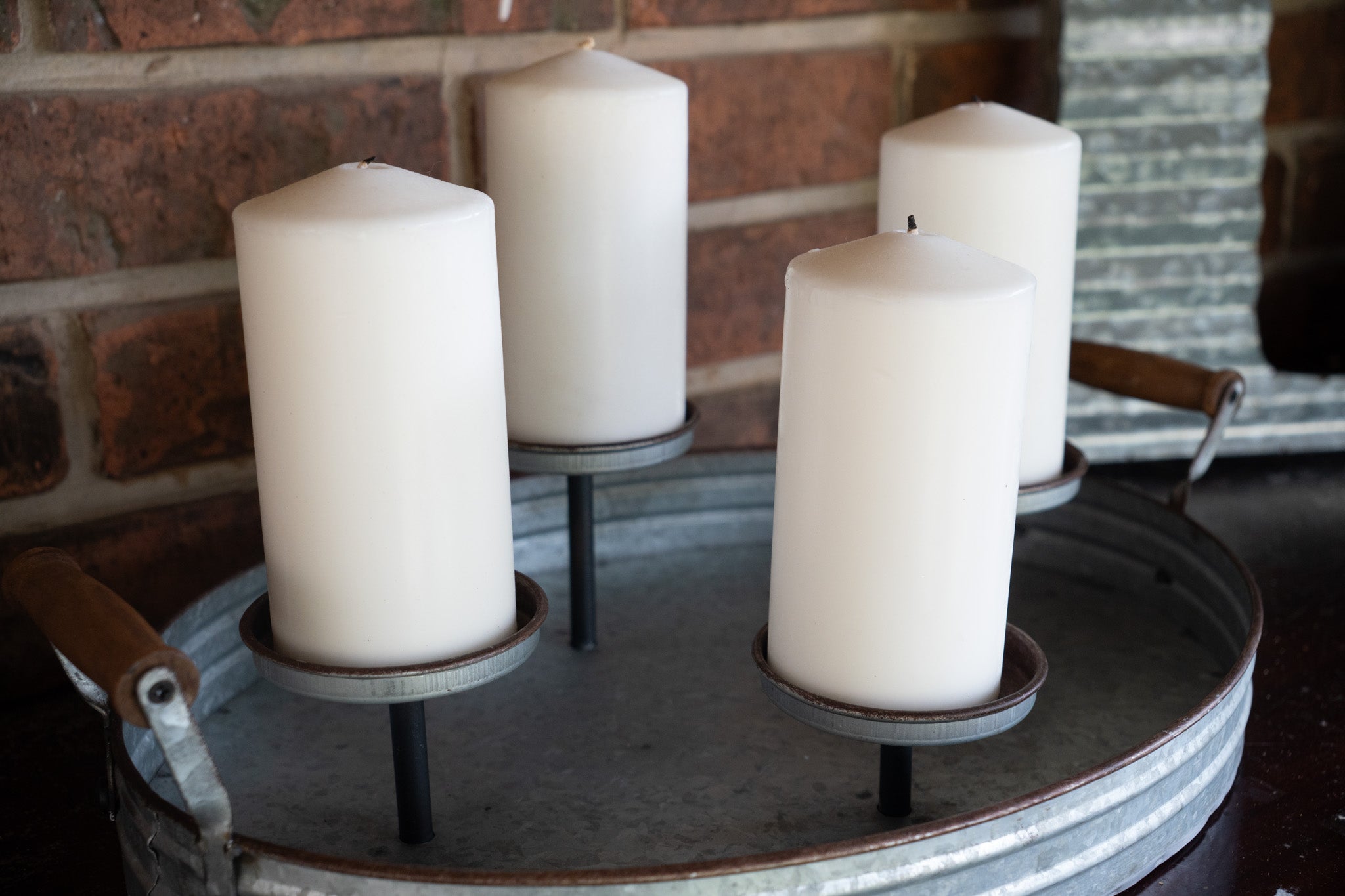 Galvanized Metal 4-Pillar Candle Tray with Candles