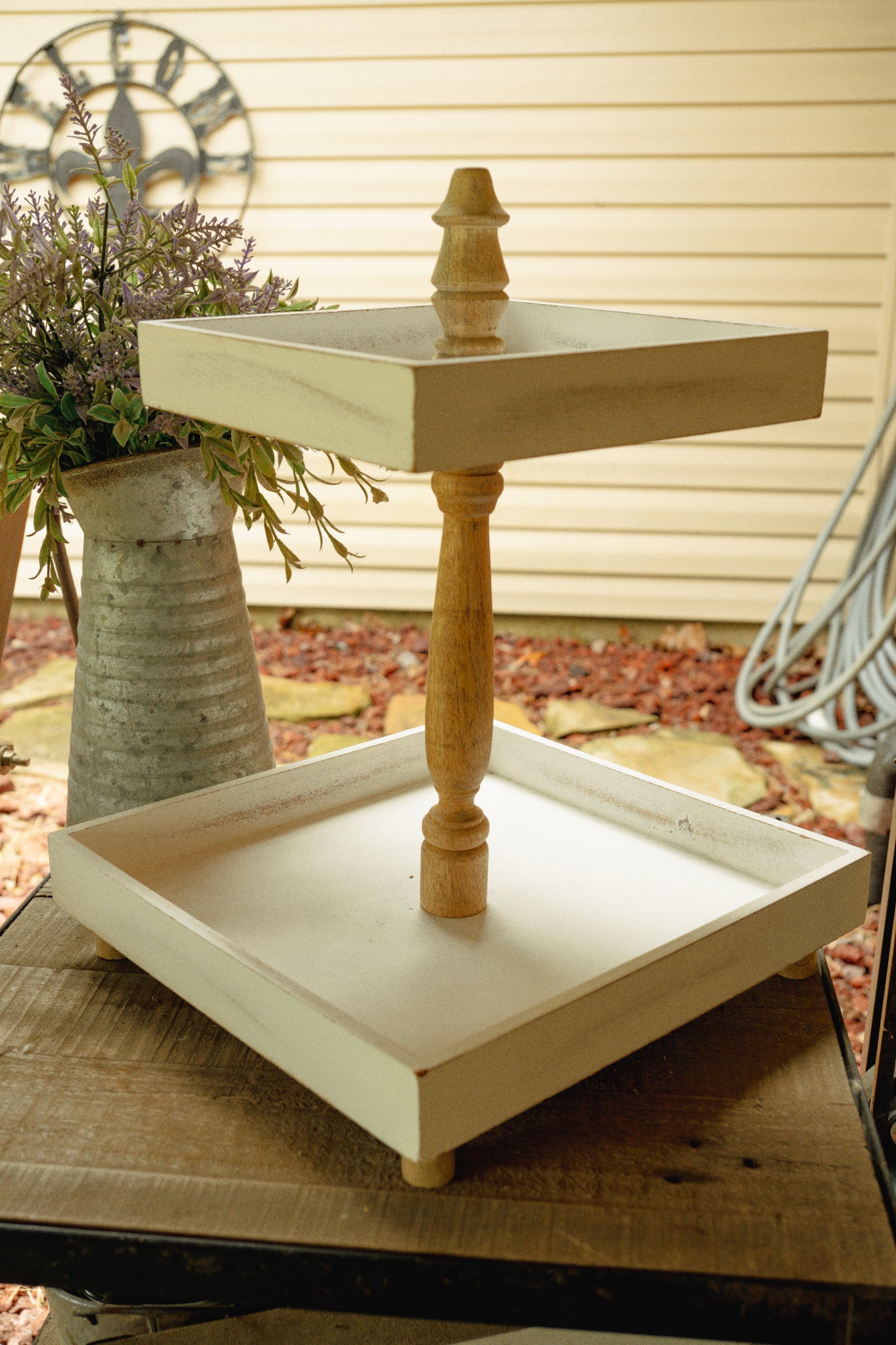 2-Tiered Wooden & White Farmhouse Tray