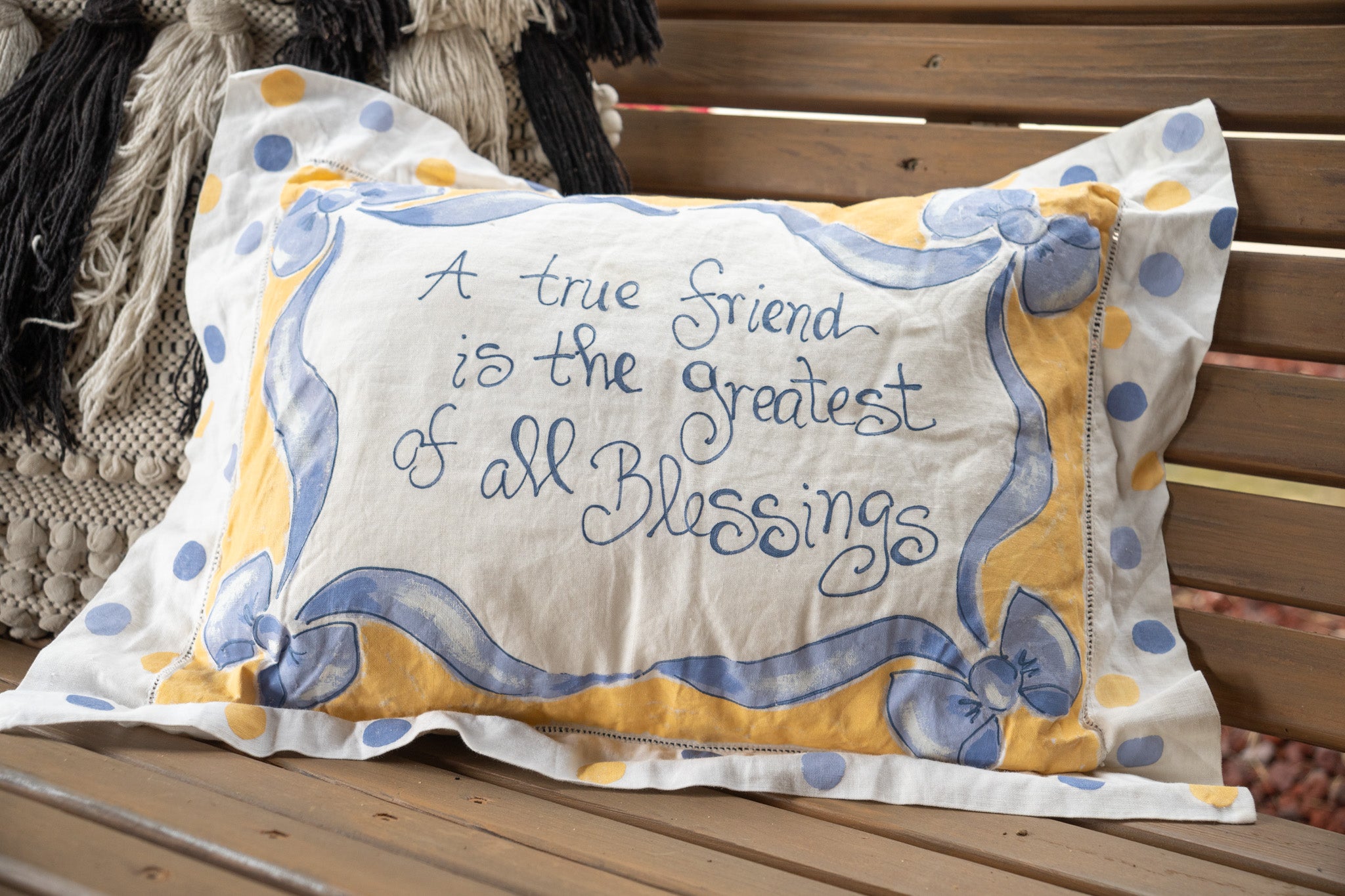 Small Toss Pillow – White with Yellow & Blue Polka Dots, Blue Bows & Friendship Quote
