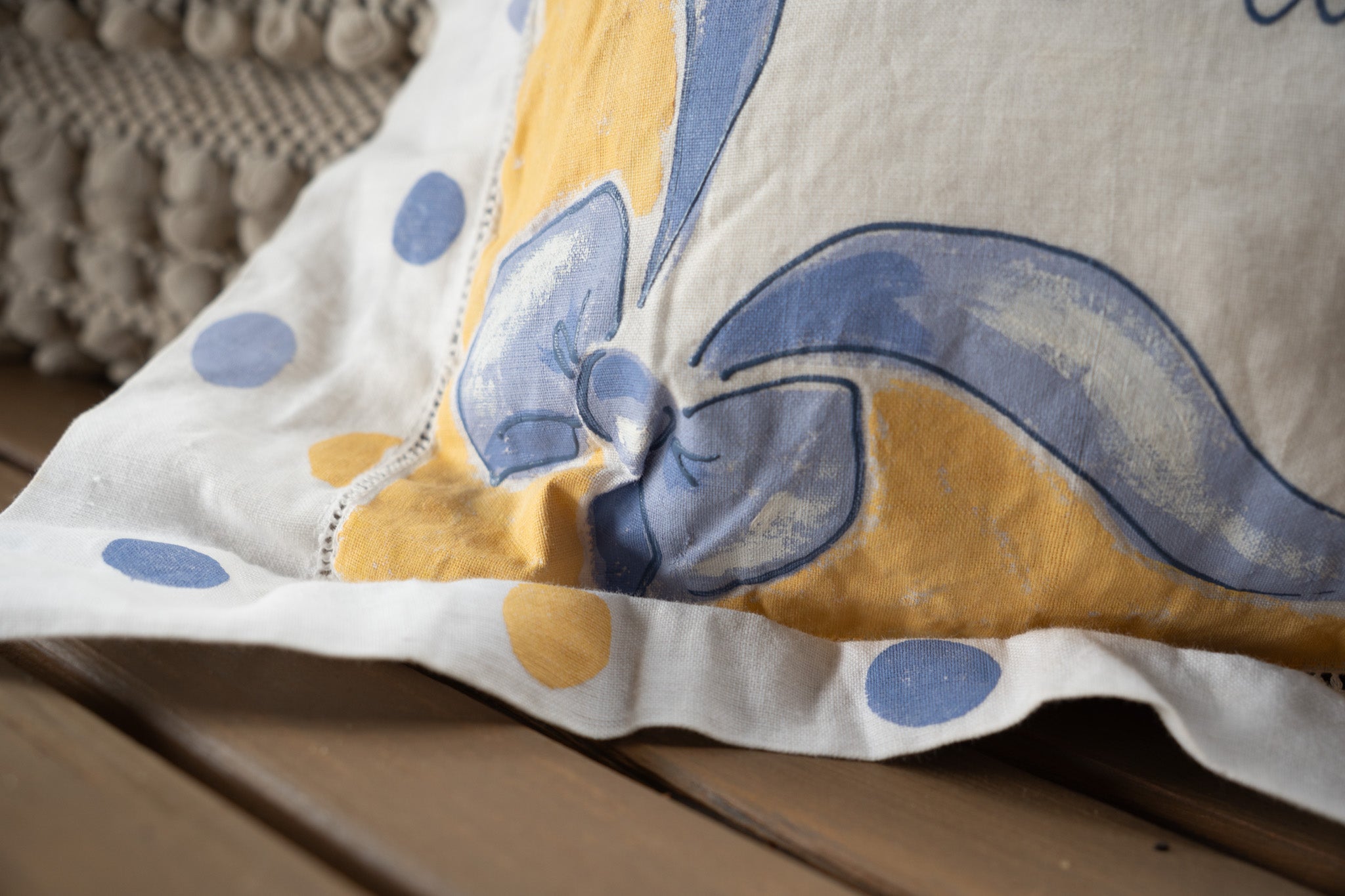 Small Toss Pillow – White with Yellow & Blue Polka Dots, Blue Bows & Friendship Quote