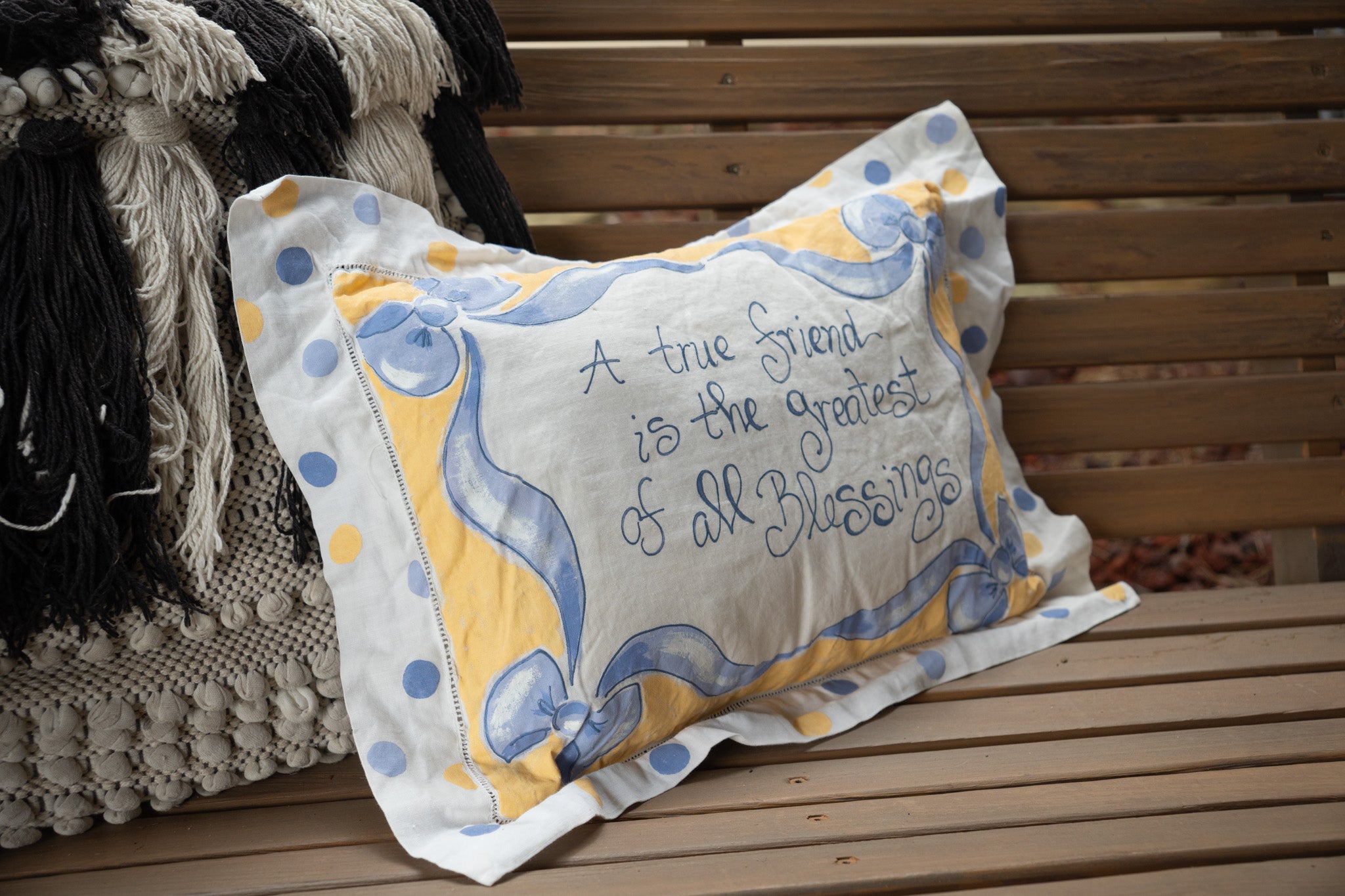 Small Toss Pillow – White with Yellow & Blue Polka Dots, Blue Bows & Friendship Quote