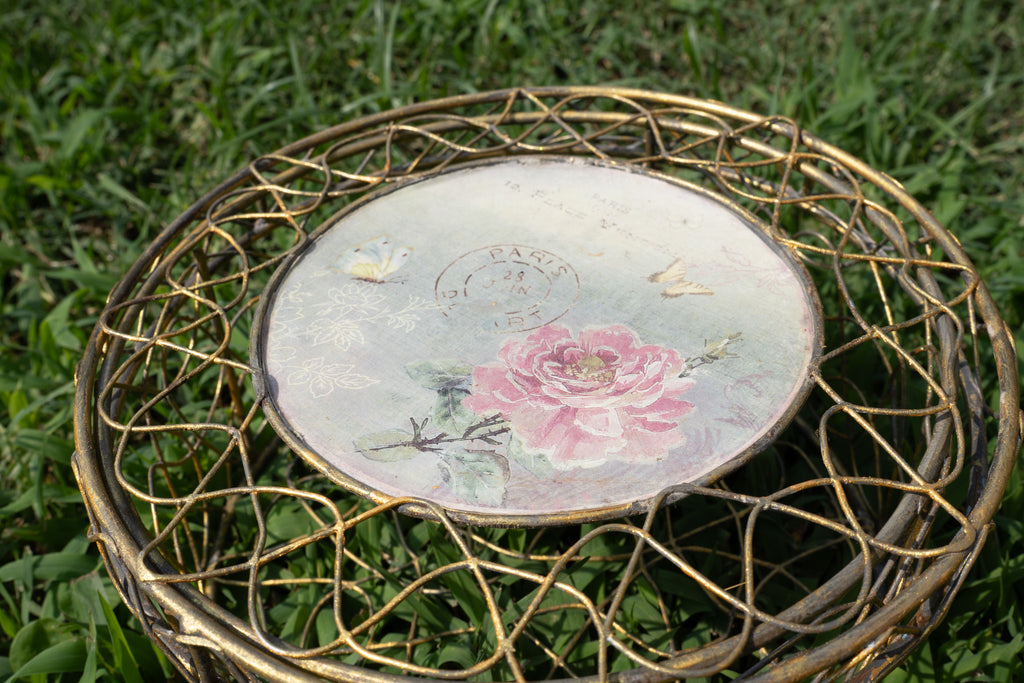 Gold Metal Wire Basket with Lid & Floral Paris Picture