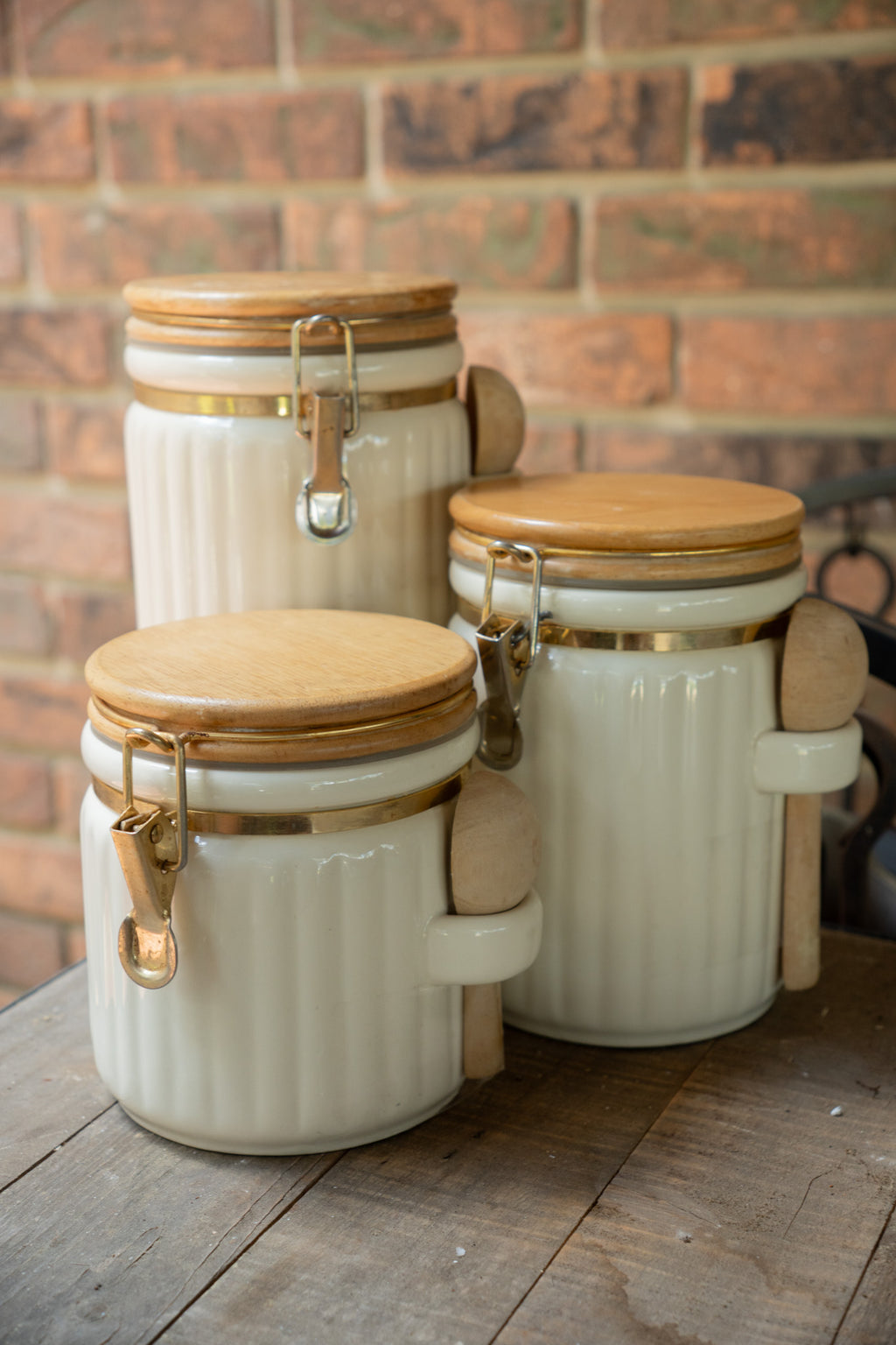 3 Pc White & Wood Canister Set
