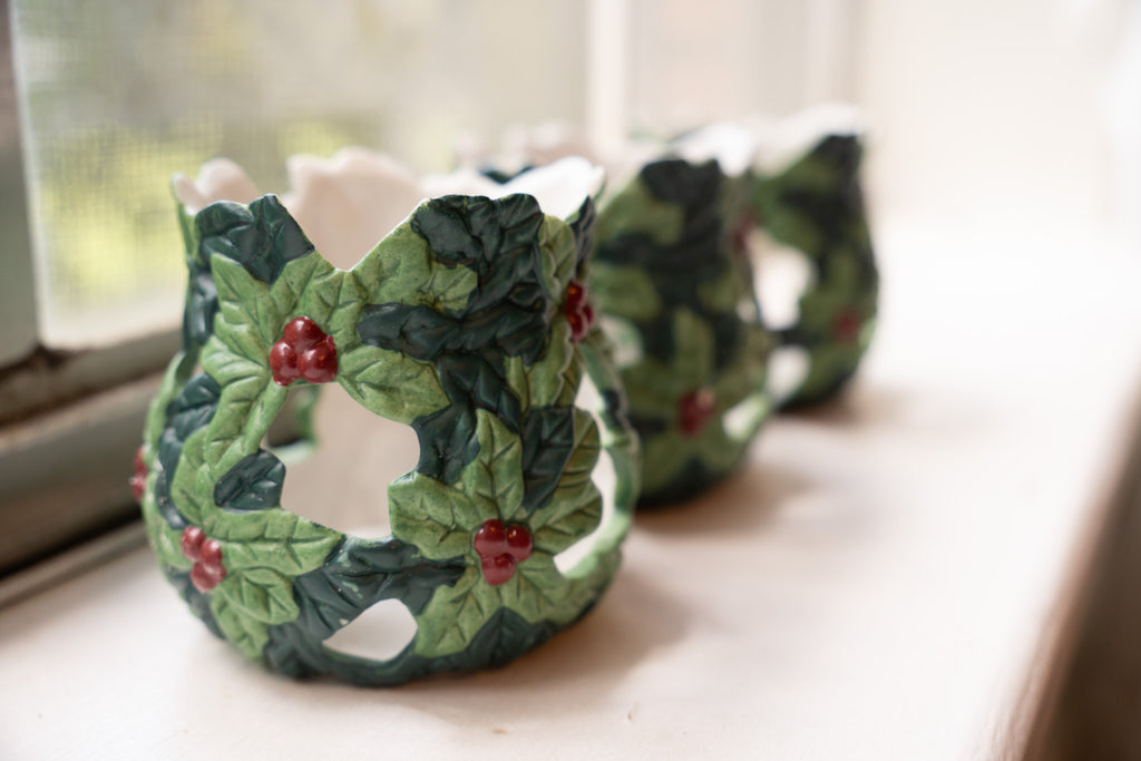 6 Pc Christmas Holly Porcelain Votives