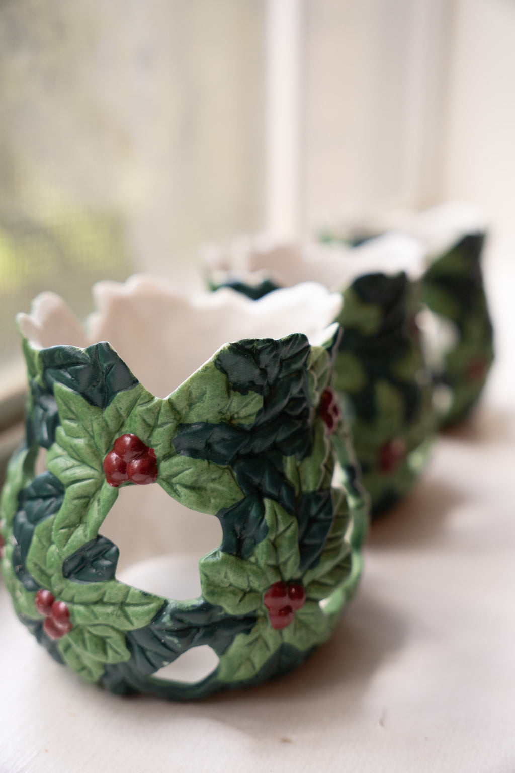 6 Pc Christmas Holly Porcelain Votives