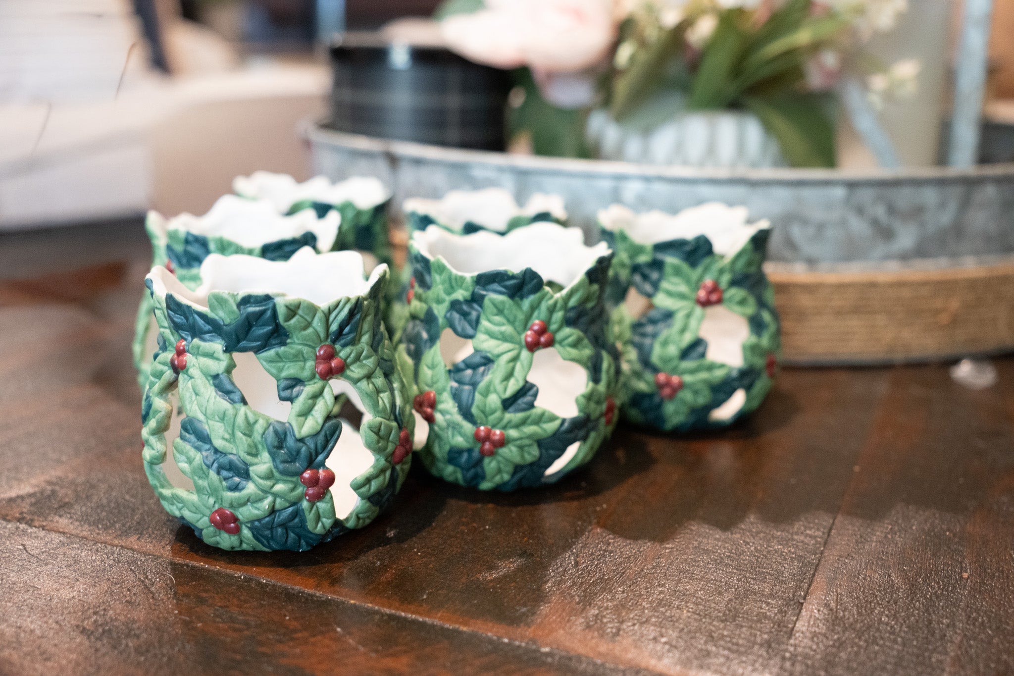 6 Pc Christmas Holly Porcelain Votives