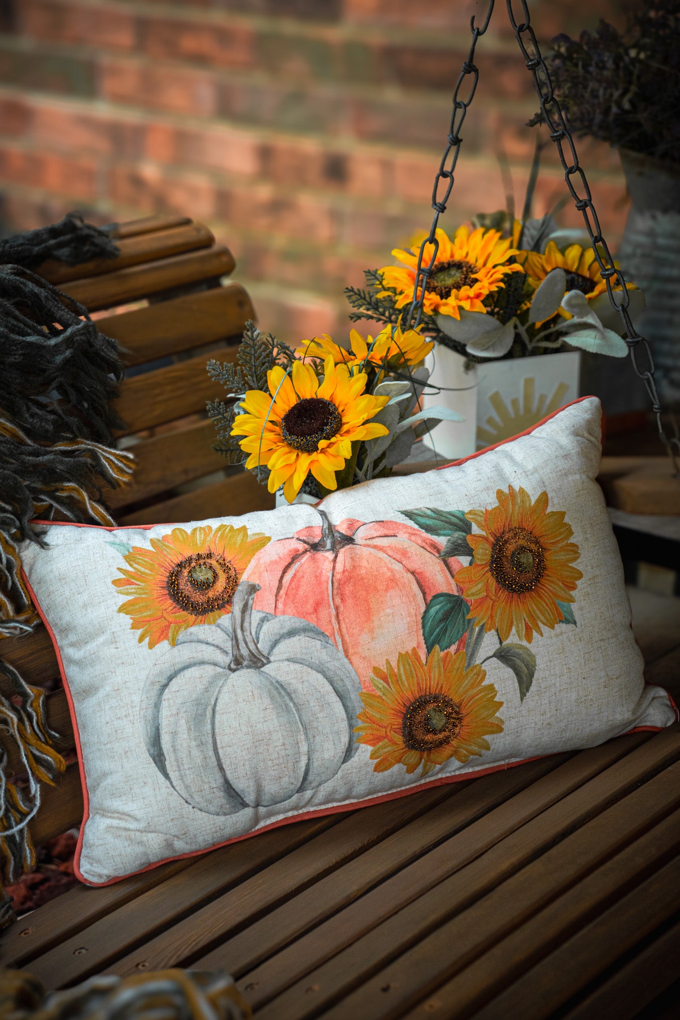 Fall Pumpkin and Sunflower Throw Pillow