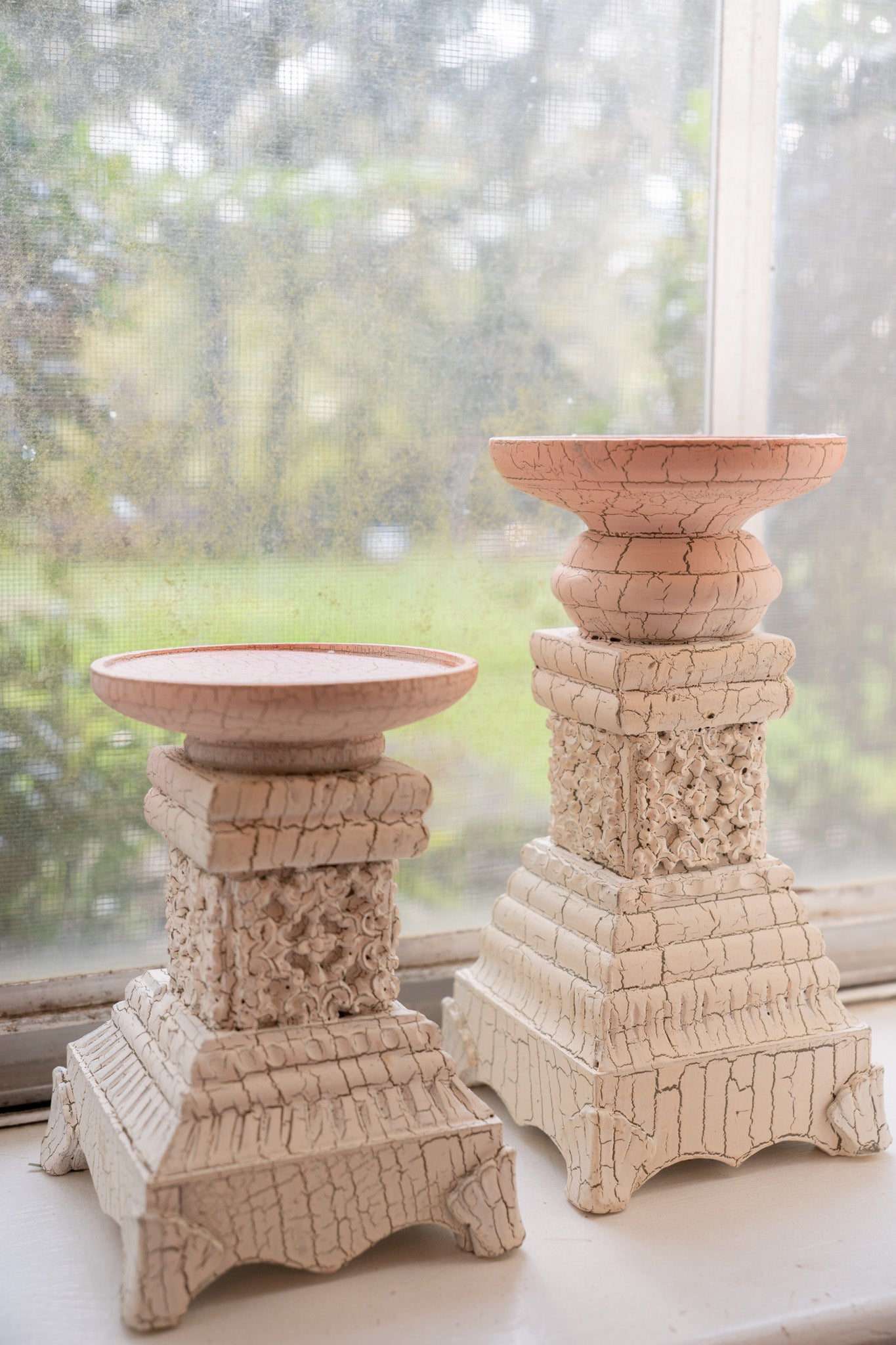 Crackle White Wooden Candlesticks