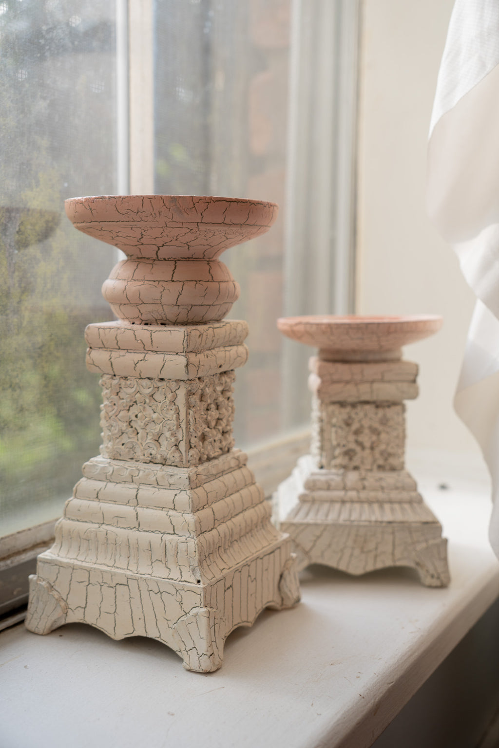 Crackle White Wooden Candlesticks