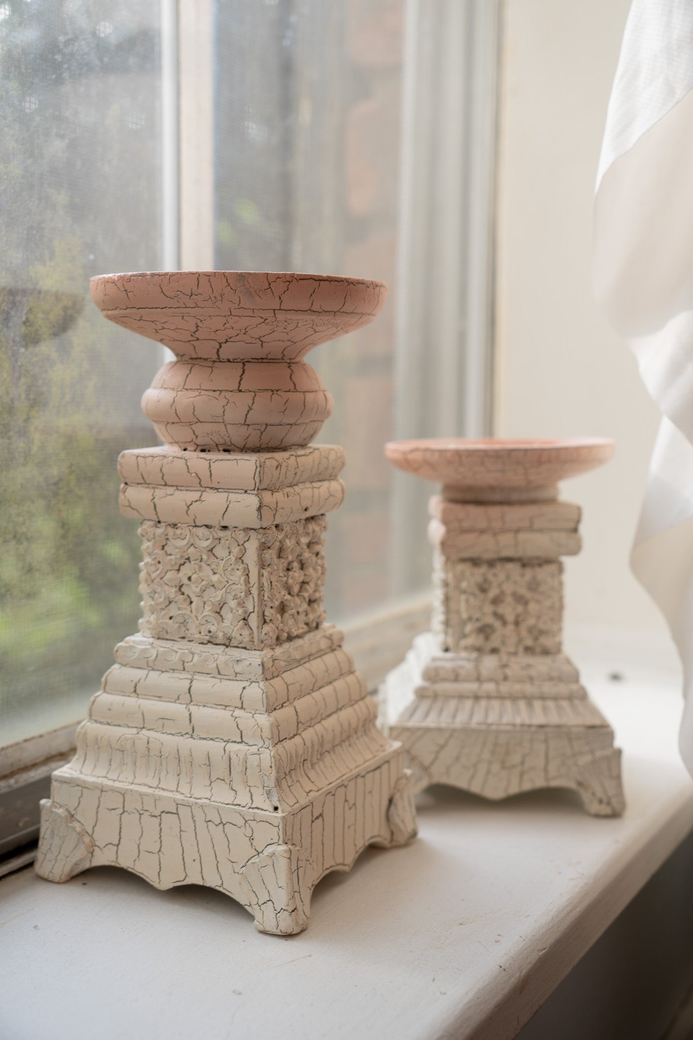 Crackle White Wooden Candlesticks