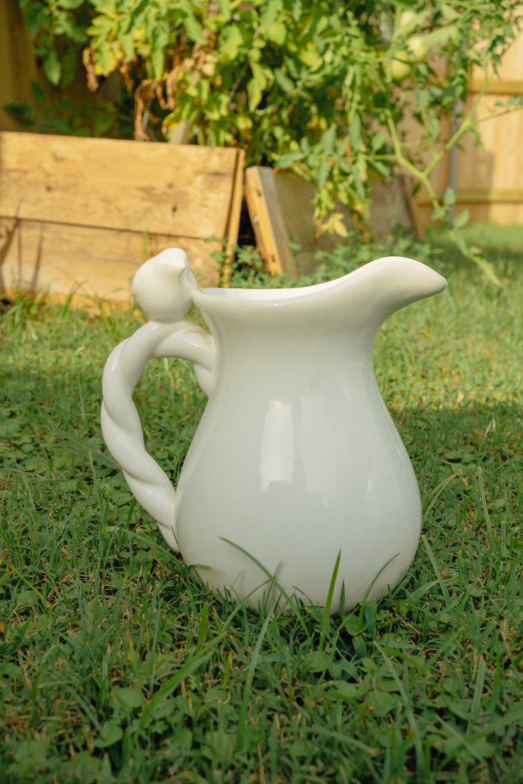 White Tea Pitcher with Bird Handle