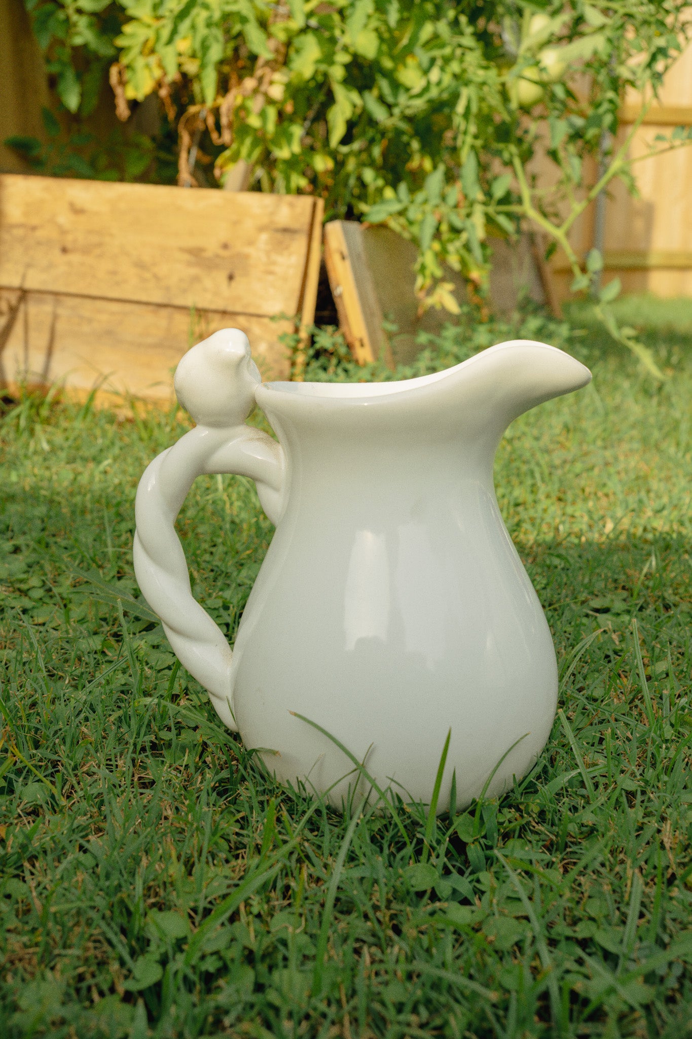 White Tea Pitcher with Bird Handle