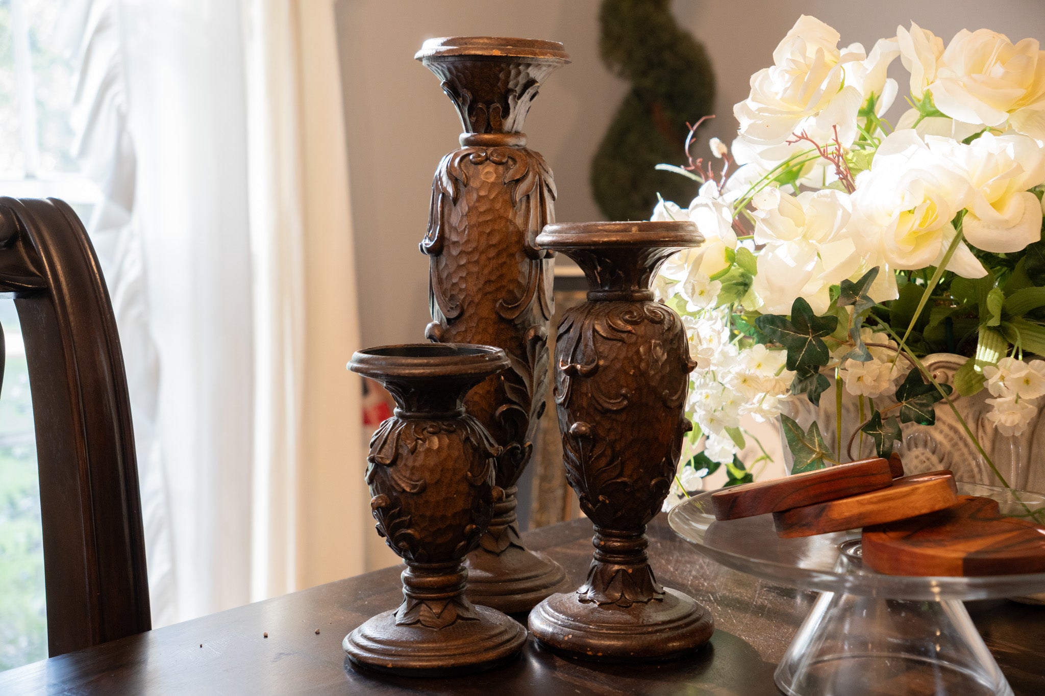 Vintage 3-Piece Wood Pedestal Candle Holder Set
