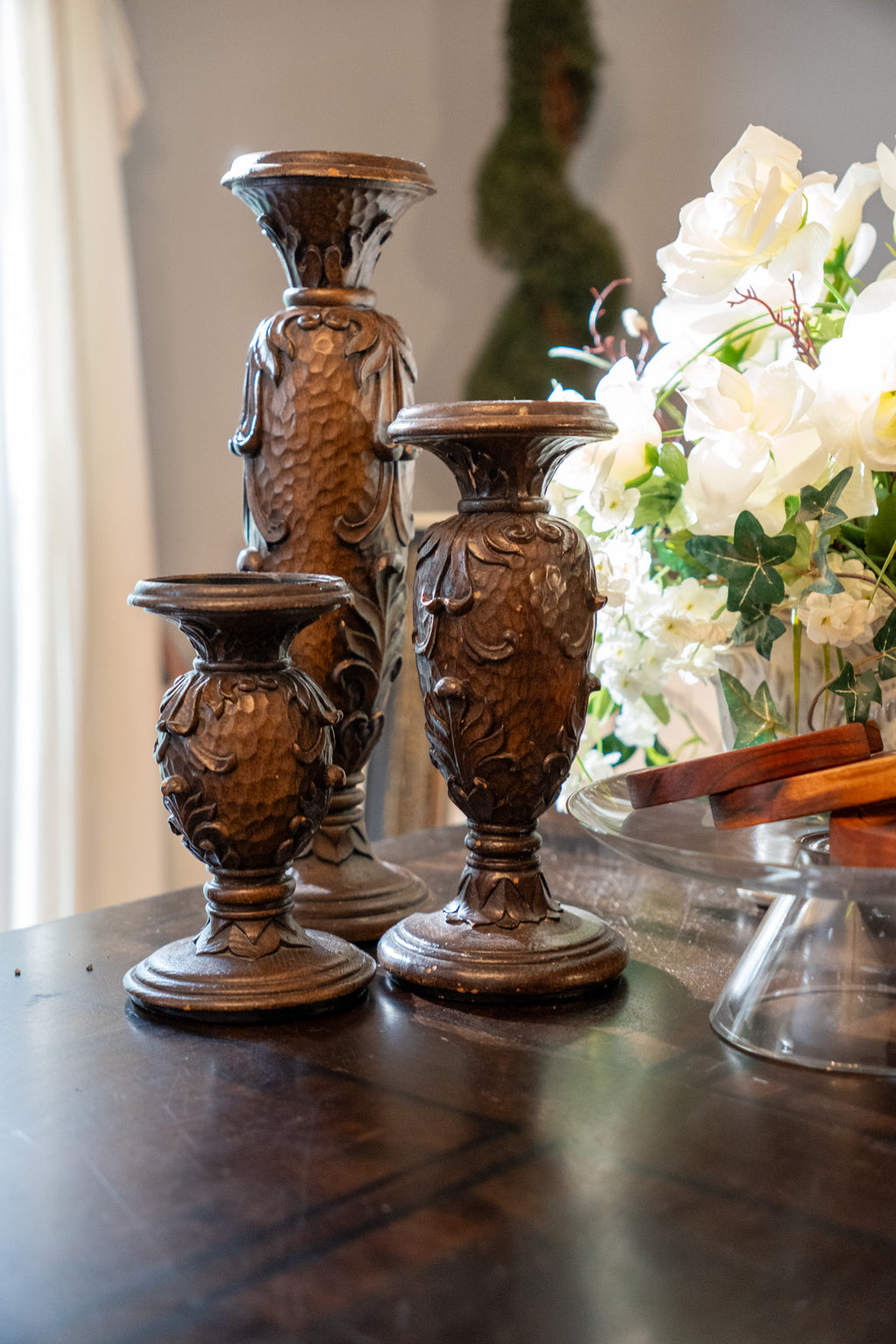 Vintage 3-Piece Wood Pedestal Candle Holder Set