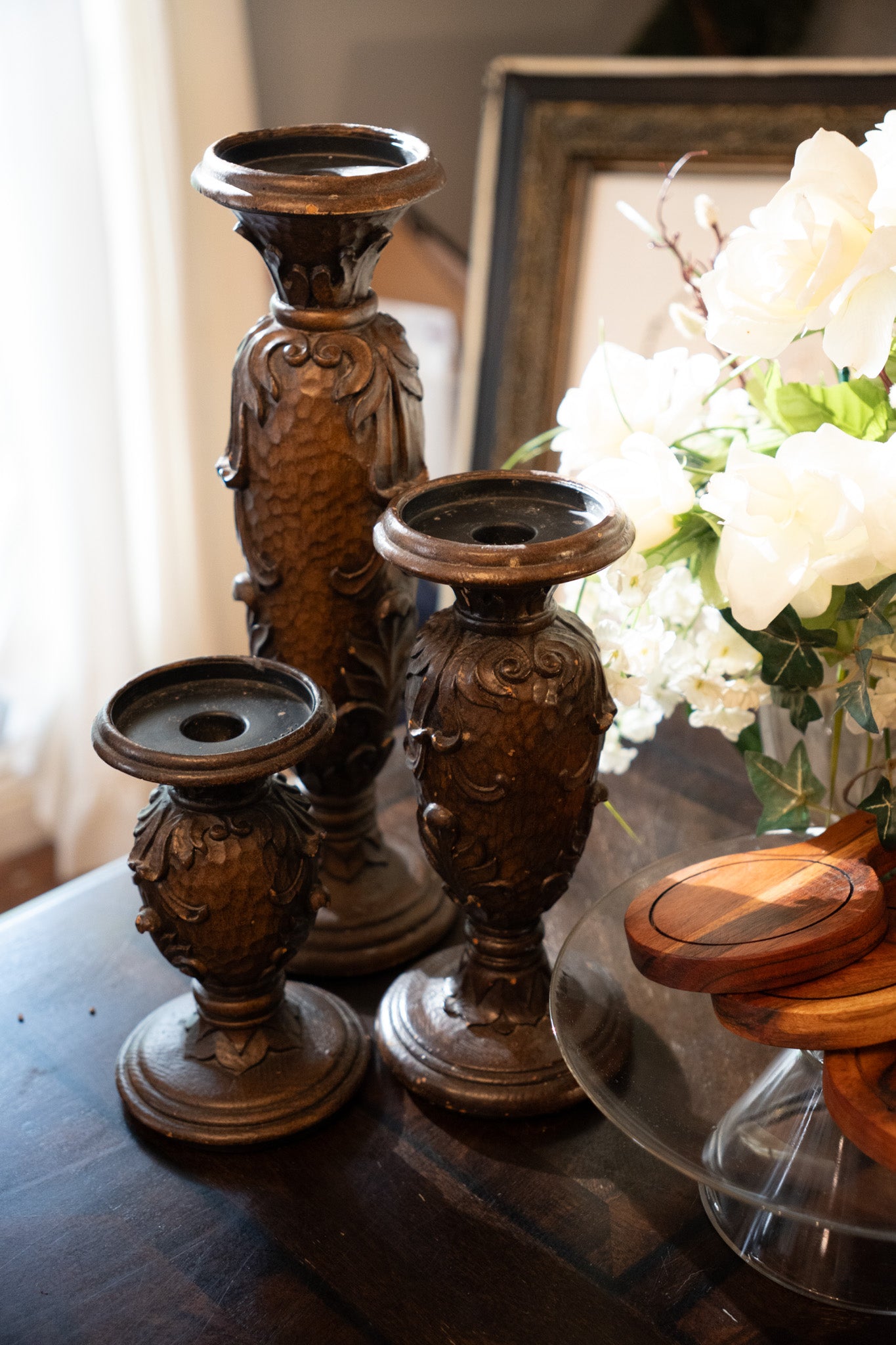 Vintage 3-Piece Wood Pedestal Candle Holder Set