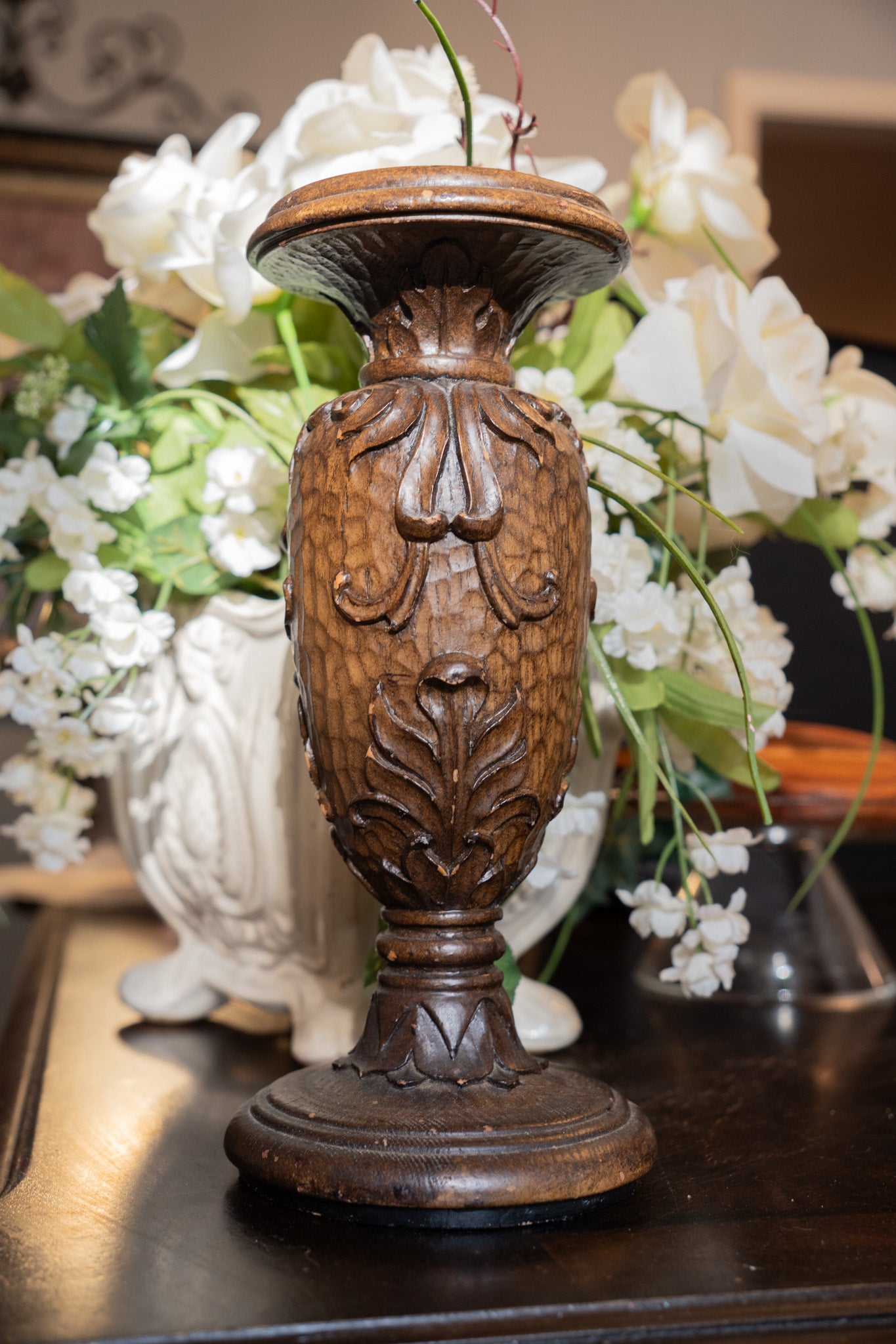 Vintage 3-Piece Wood Pedestal Candle Holder Set