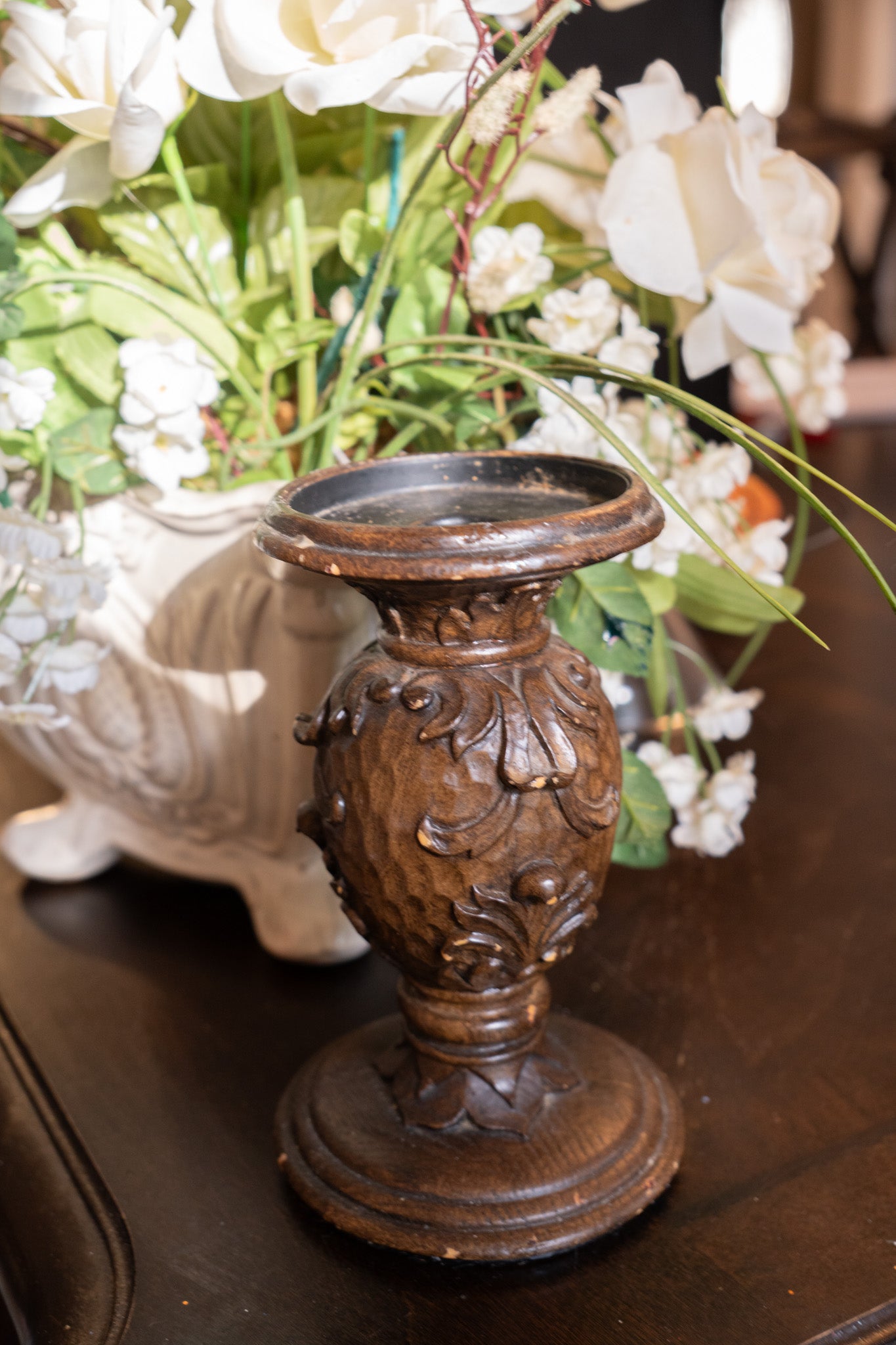 Vintage 3-Piece Wood Pedestal Candle Holder Set