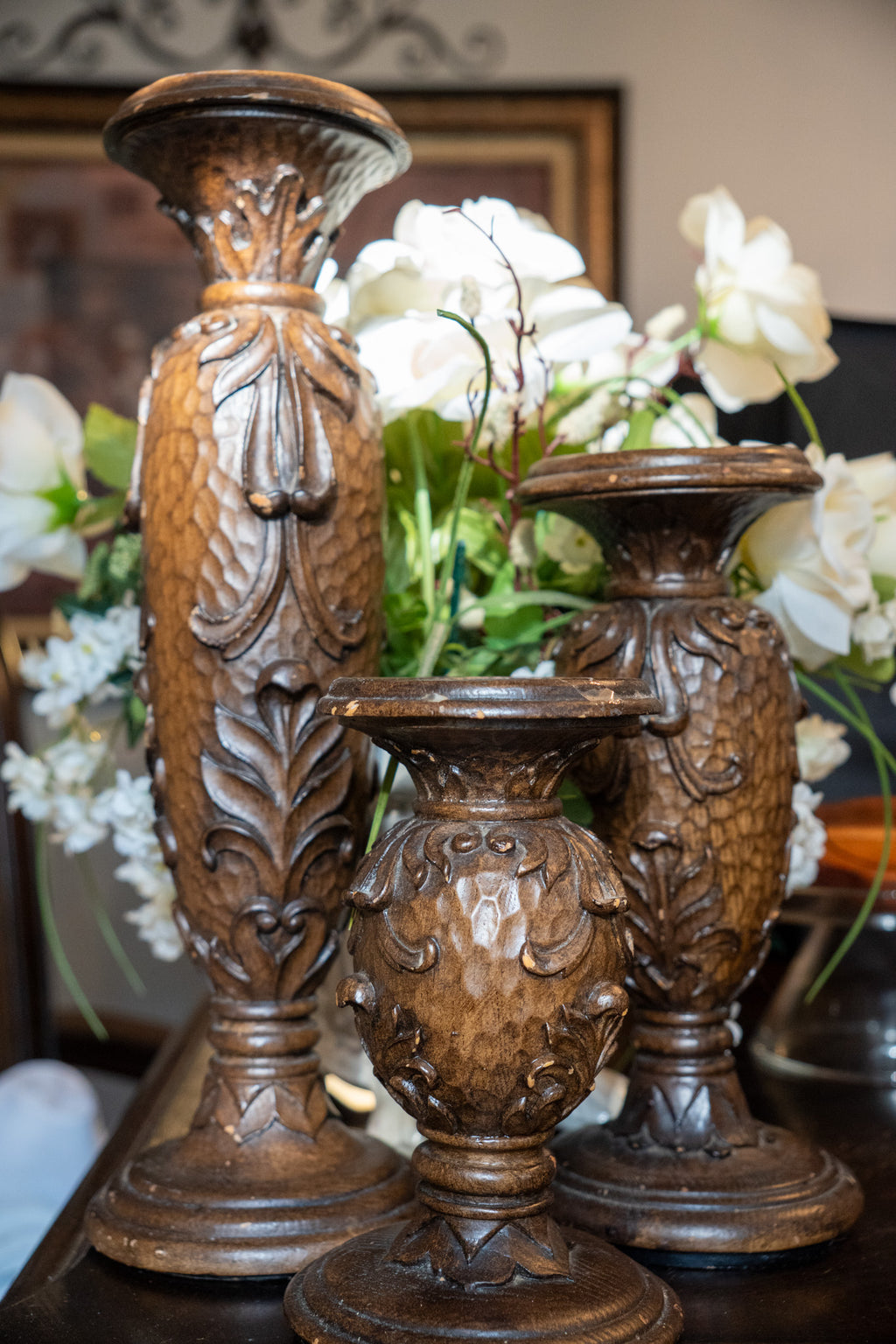 Vintage 3-Piece Wood Pedestal Candle Holder Set