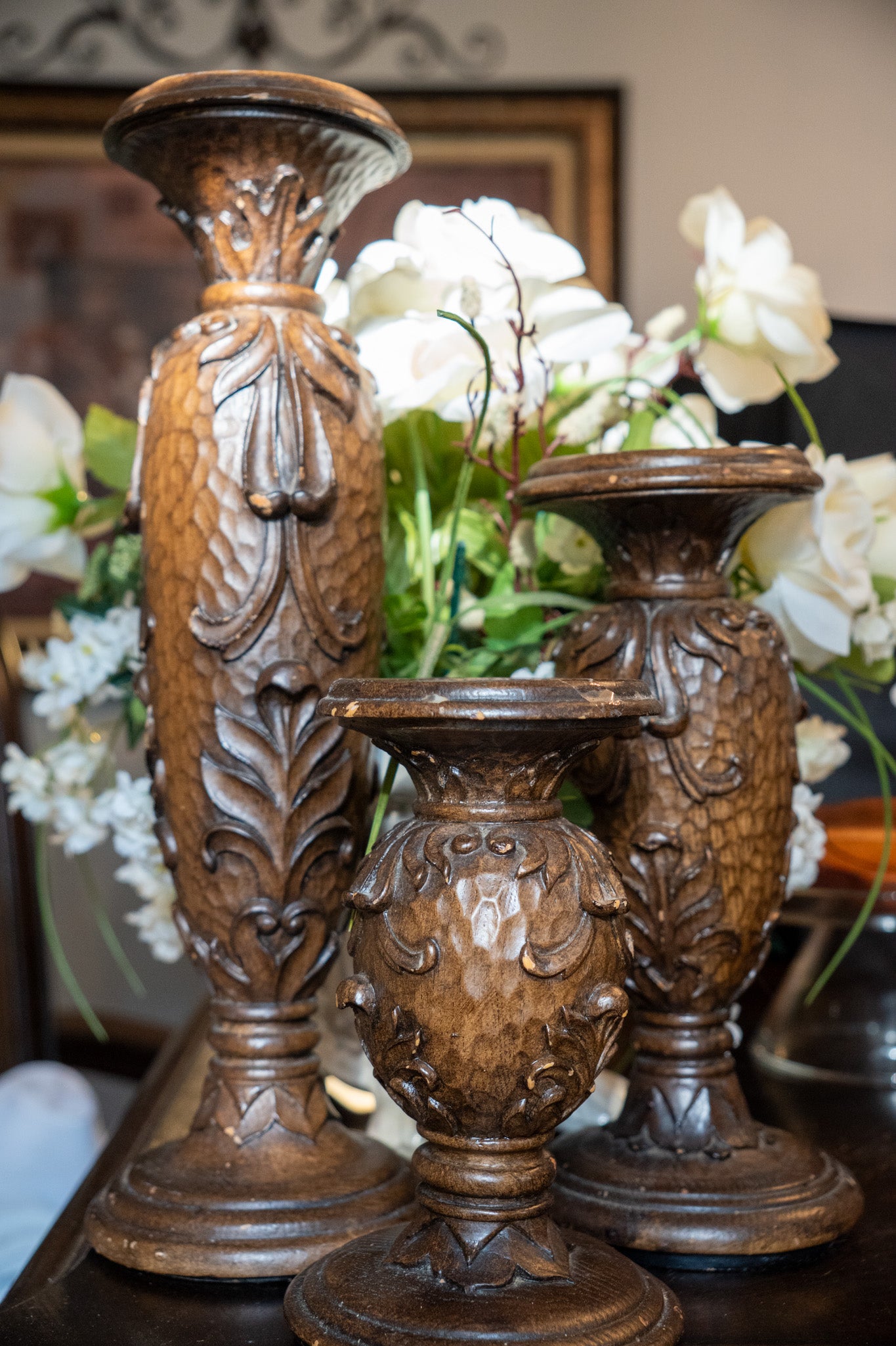 Vintage 3-Piece Wood Pedestal Candle Holder Set
