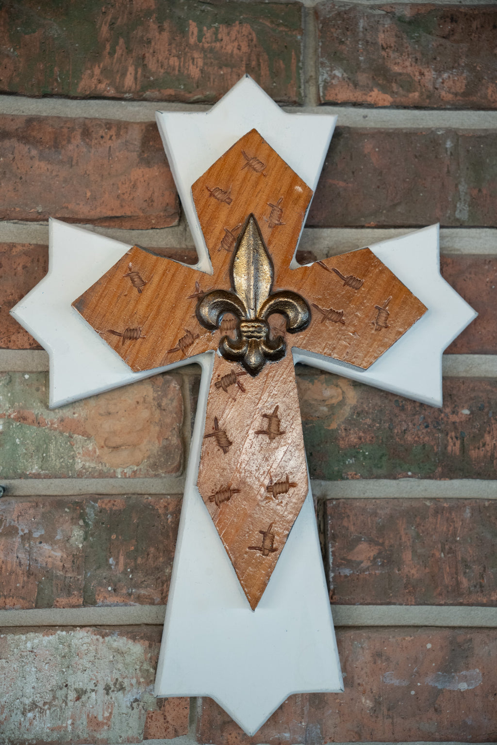 Wooden Double Layered Cross with Fleur de Lis