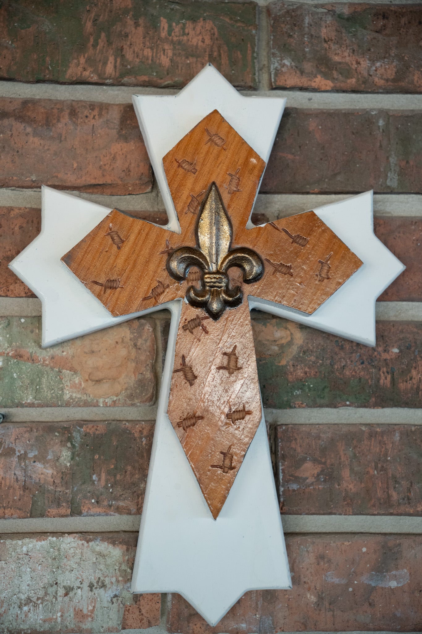 Wooden Double Layered Cross with Fleur de Lis