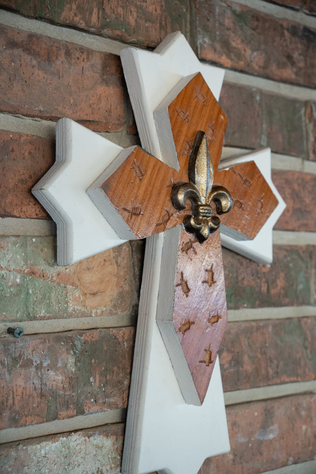 Wooden Double Layered Cross with Fleur de Lis