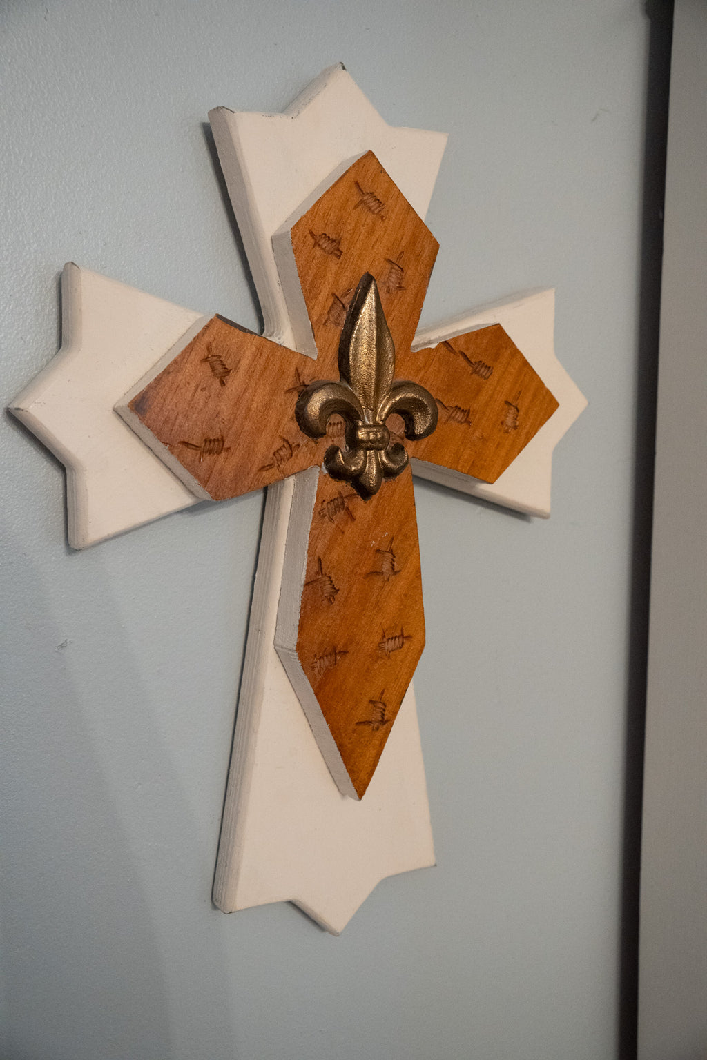 Wooden Double Layered Cross with Fleur de Lis