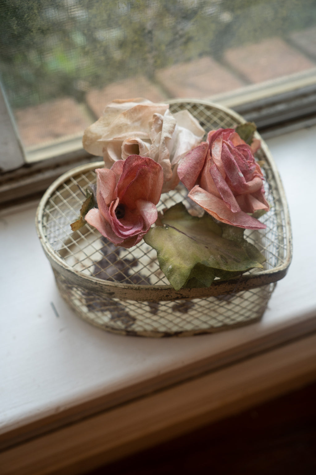 Vintage Heart Shaped Metal Box with Roses