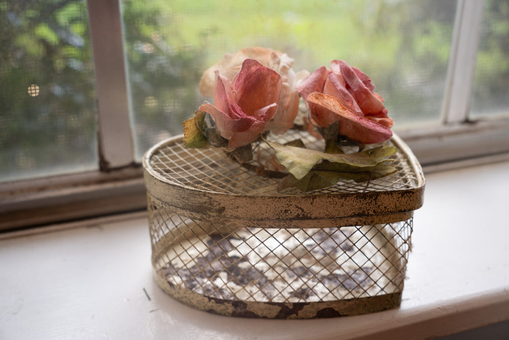 Vintage Heart Shaped Metal Box with Roses