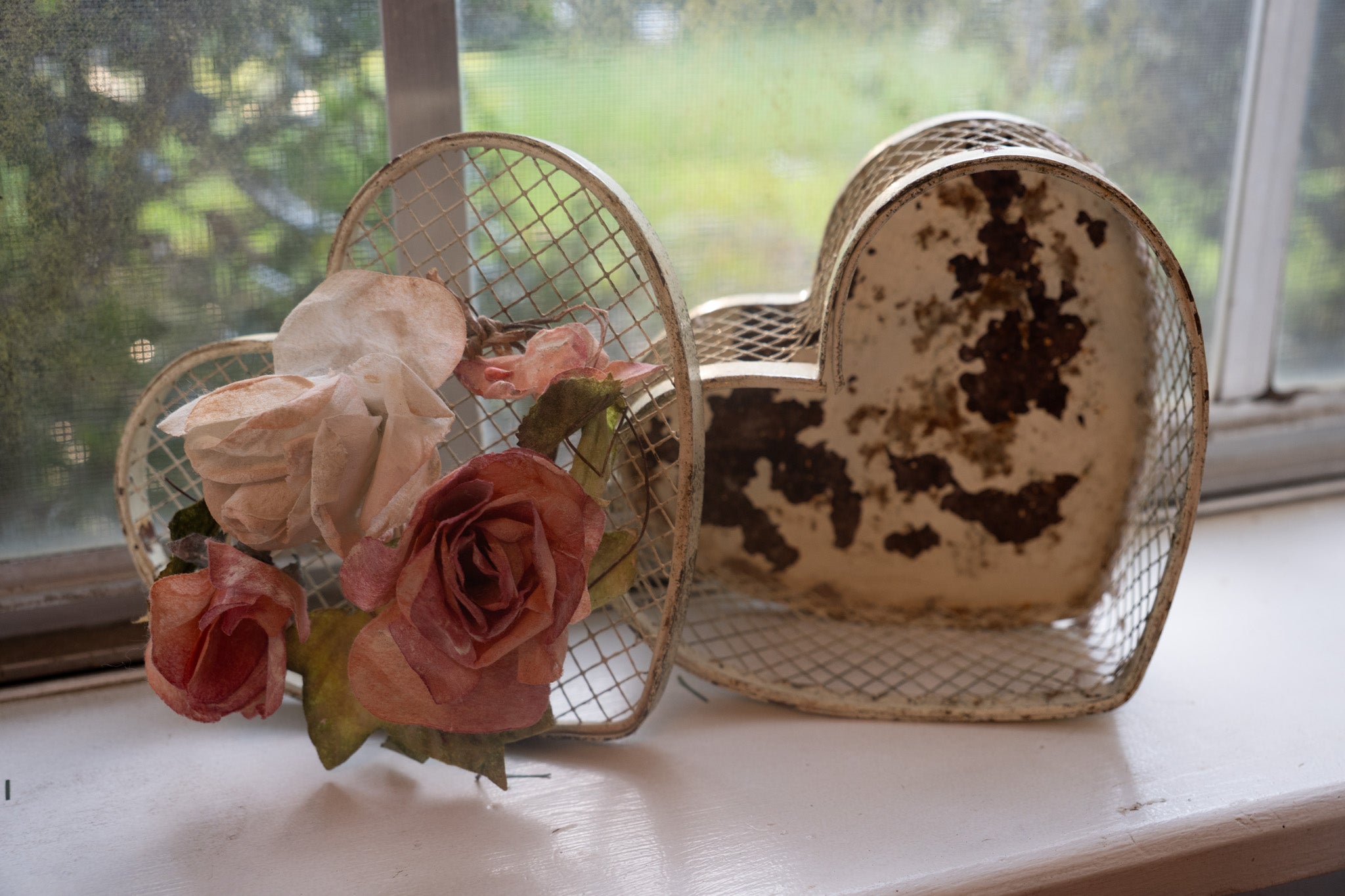 Vintage Heart Shaped Metal Box with Roses