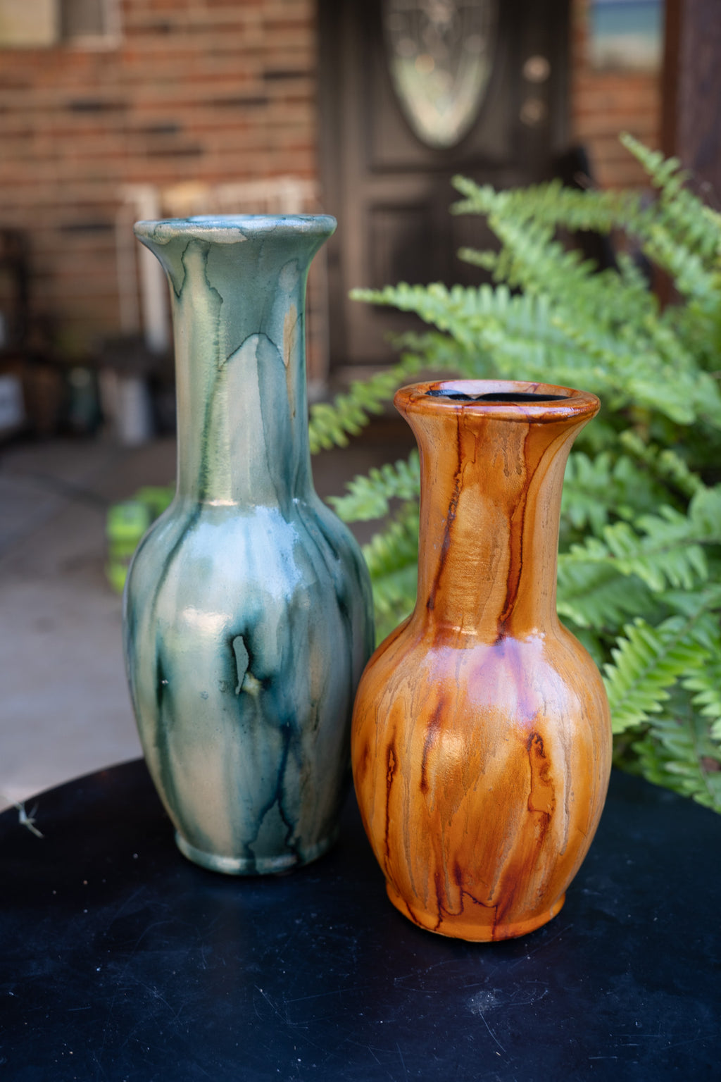 Set of Vintage Green & Caramel Pottery Vases