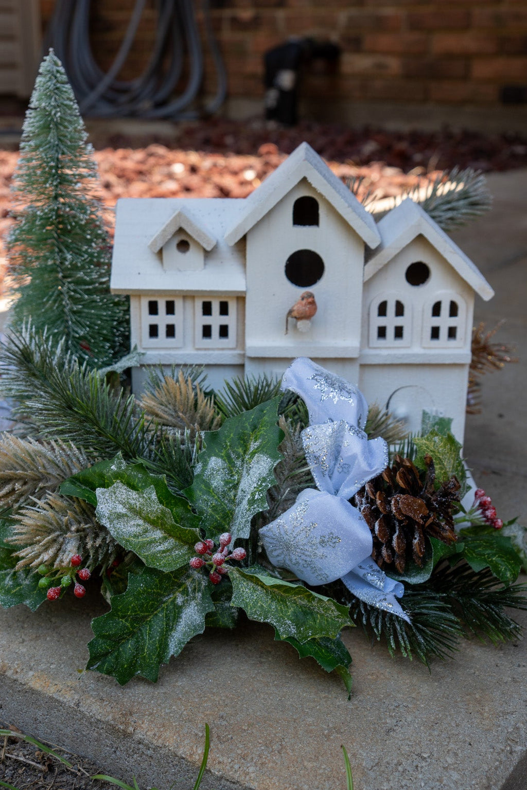 Christmas Snow-Flocked Floral & Birdhouse