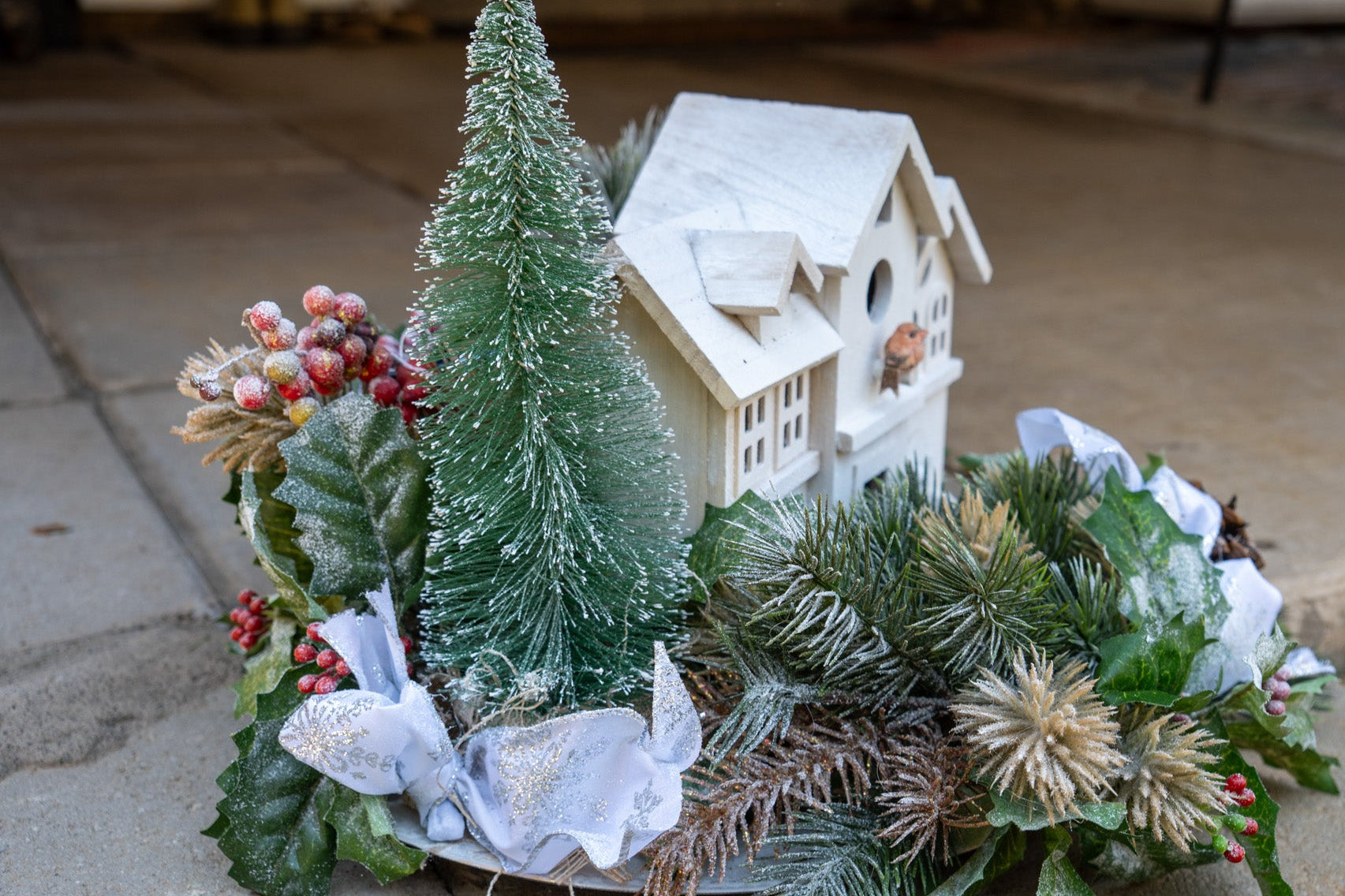 Christmas Snow-Flocked Floral & Birdhouse