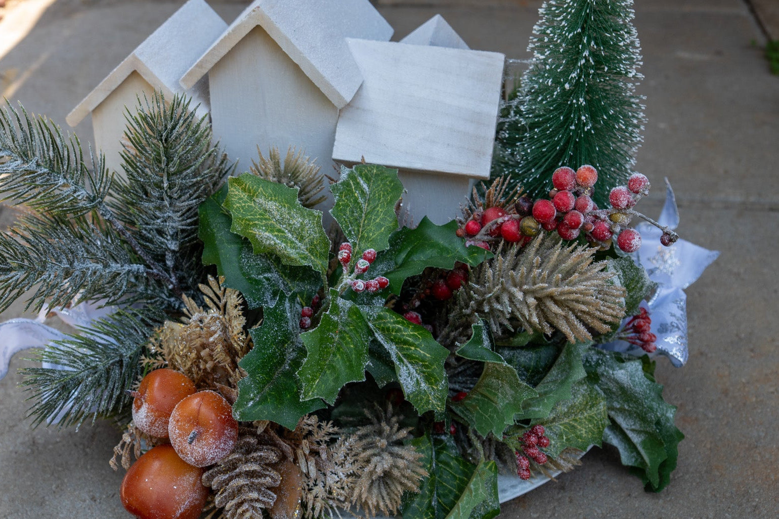 Christmas Snow-Flocked Floral & Birdhouse