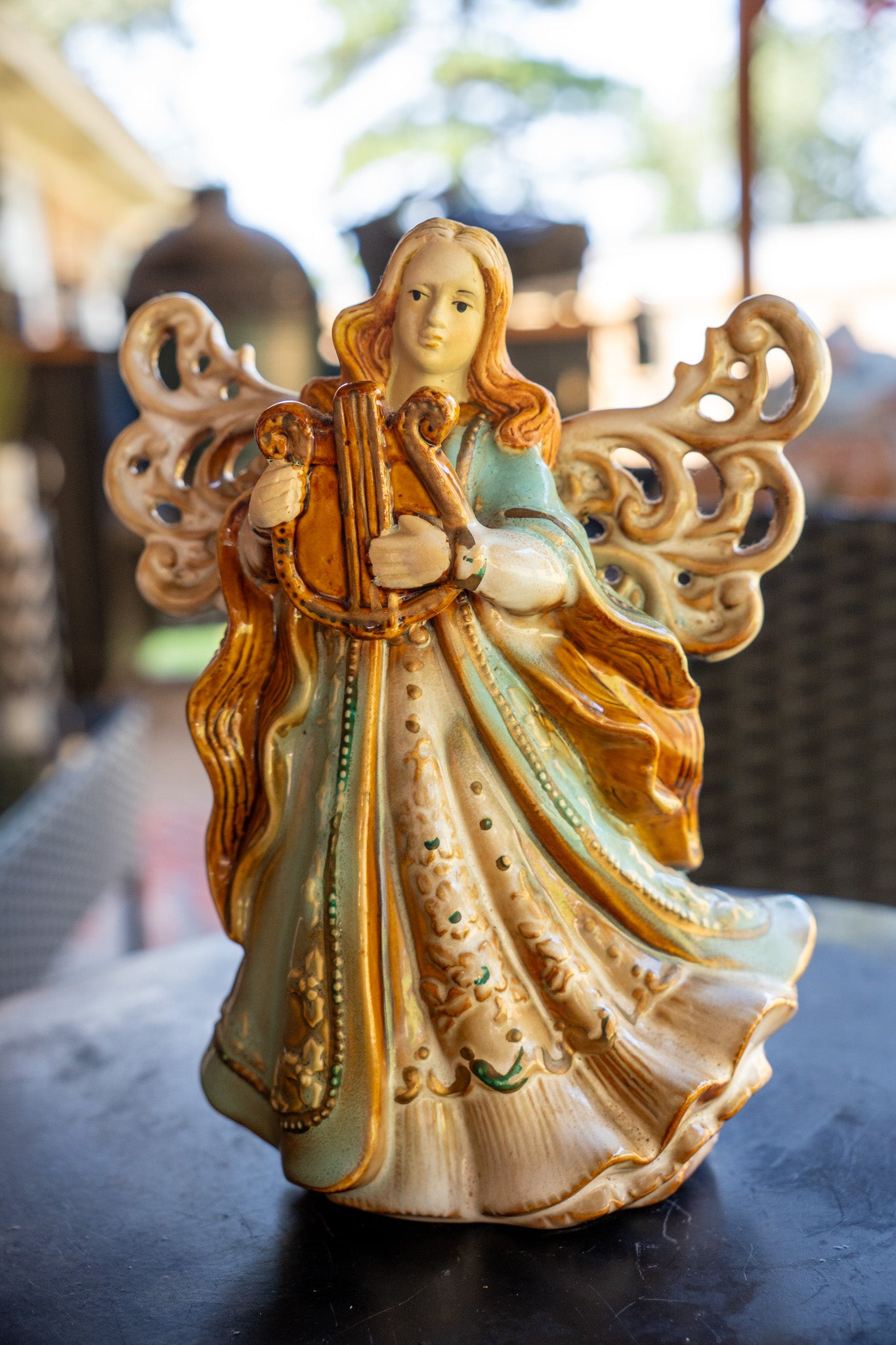 Ceramic Angel Playing Harp Figurine