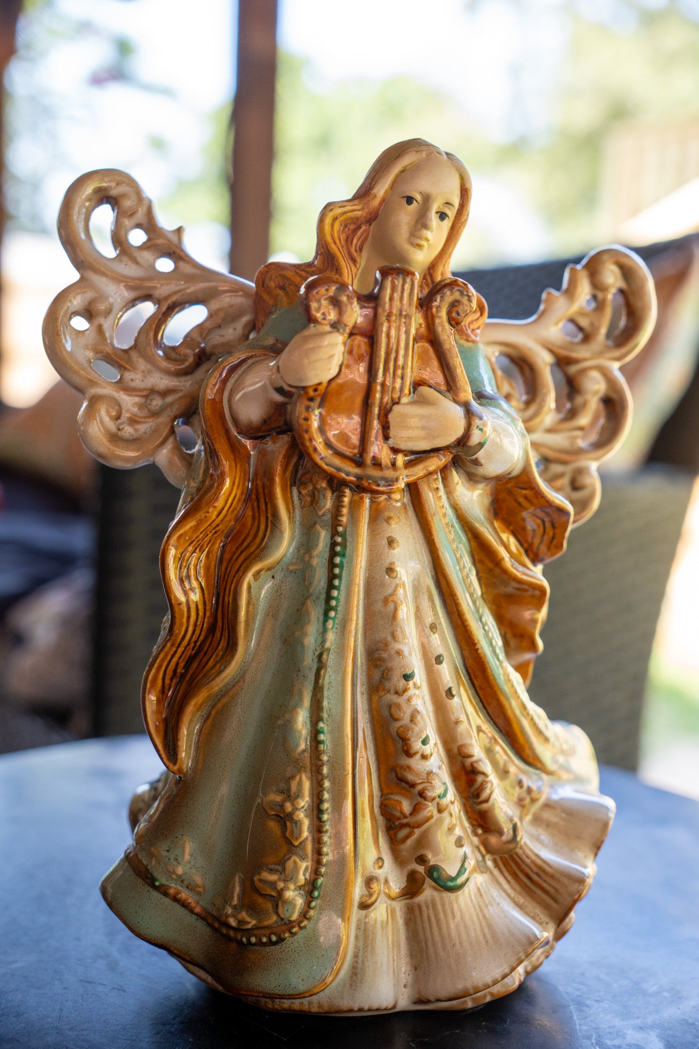 Ceramic Angel Playing Harp Figurine
