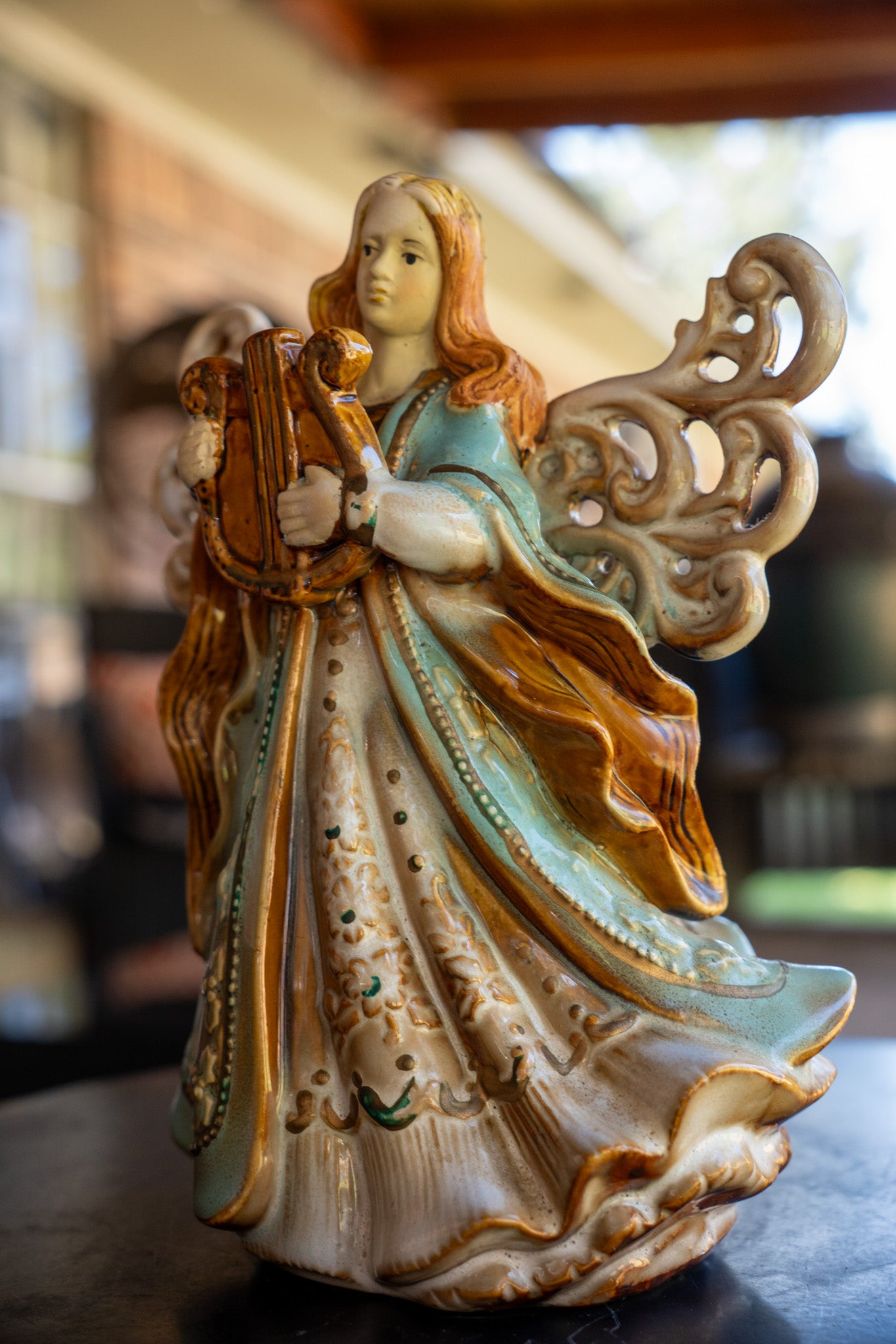 Ceramic Angel Playing Harp Figurine