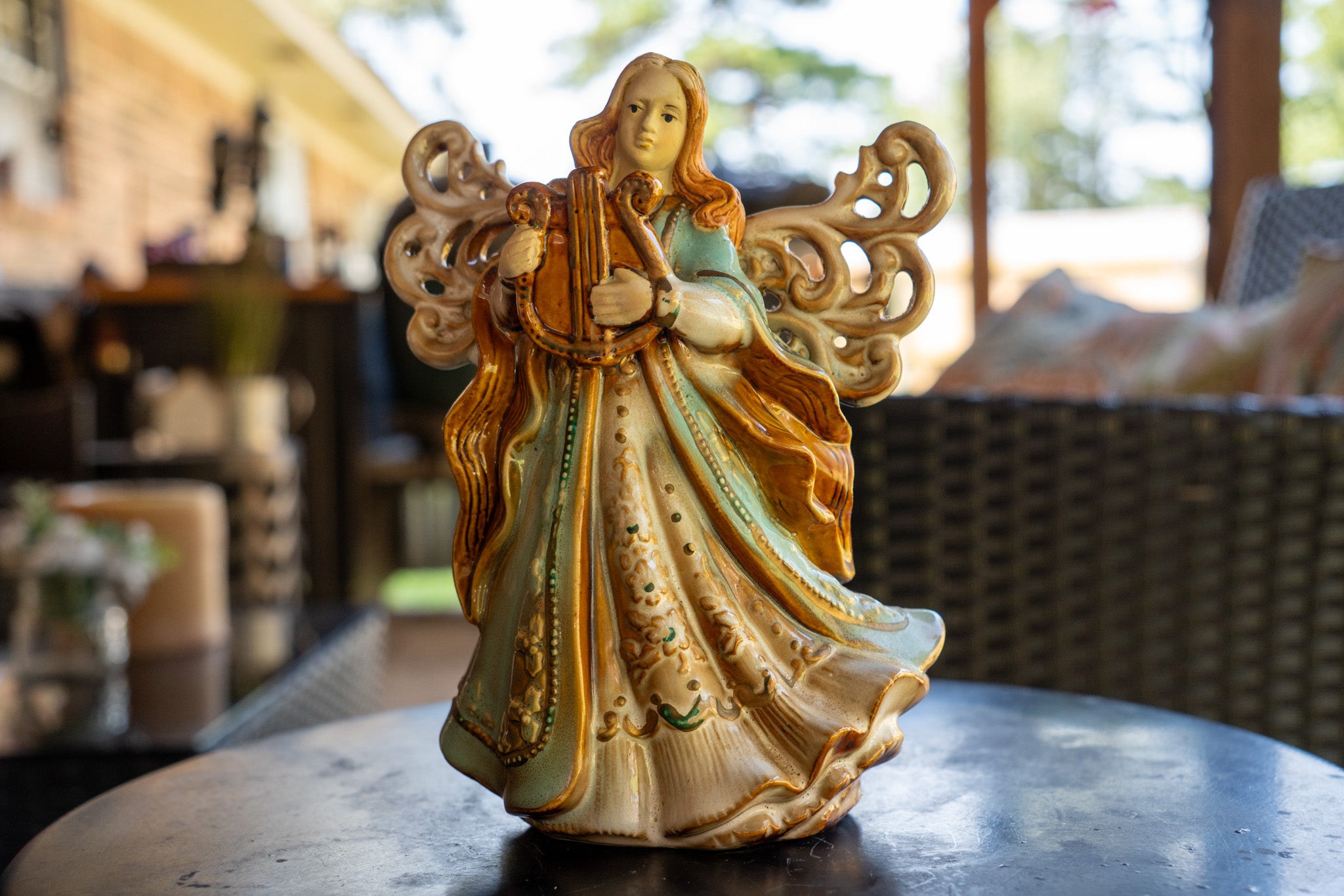 Ceramic Angel Playing Harp Figurine
