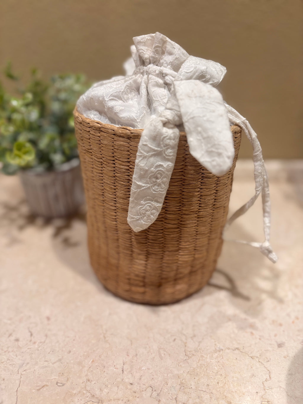 Rattan Basket with Material & Drawstring Closure