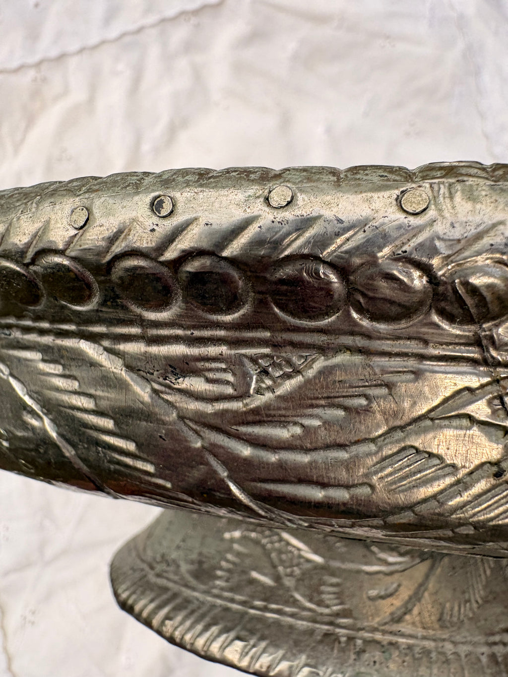 Wooden Pedestal Bowl with Decorative Metal Overlay