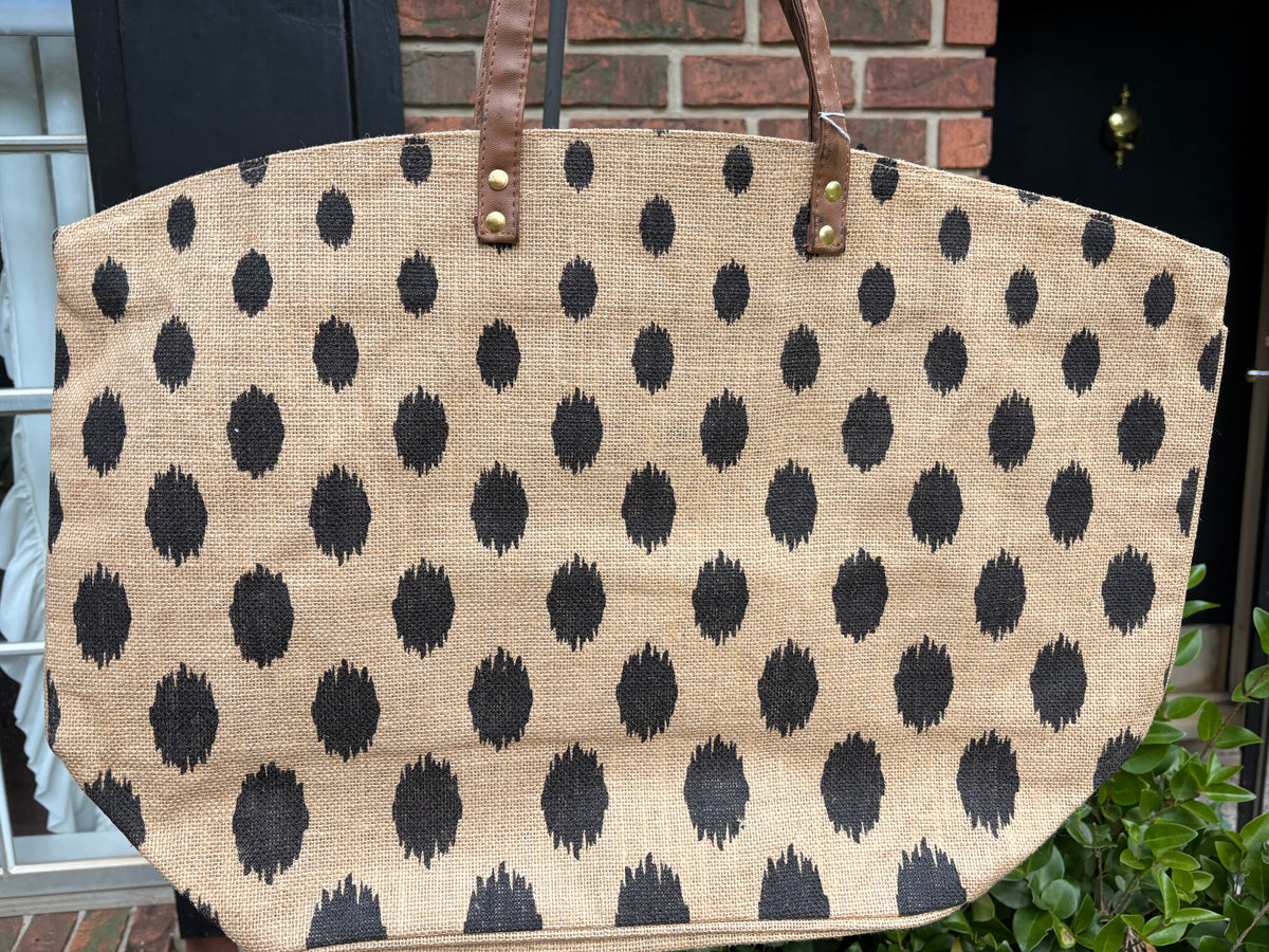 Mud Pie Ikat Polka Dot Burlap Tote Bag
