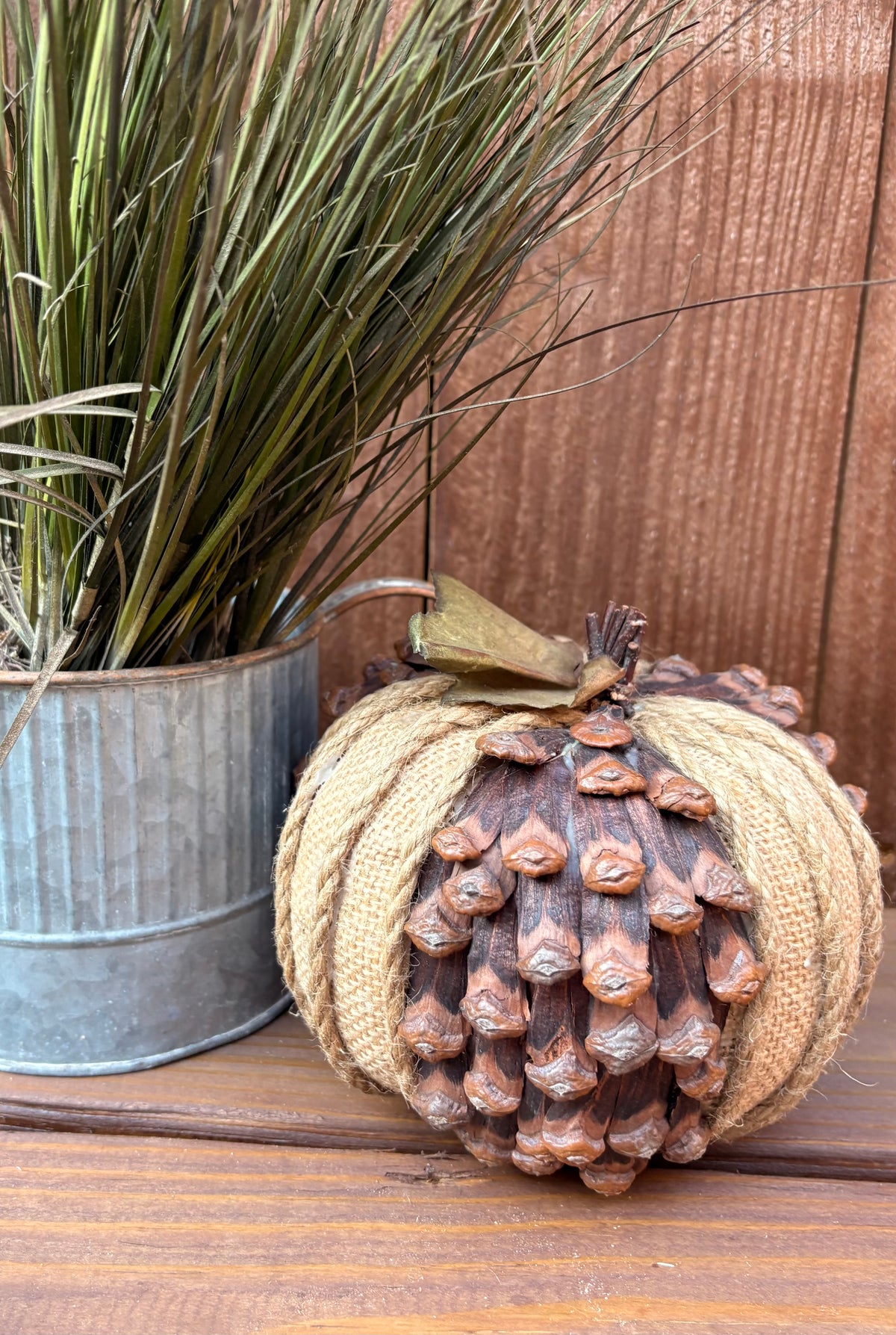 Burlap & Pinecone Pumpkin Decor