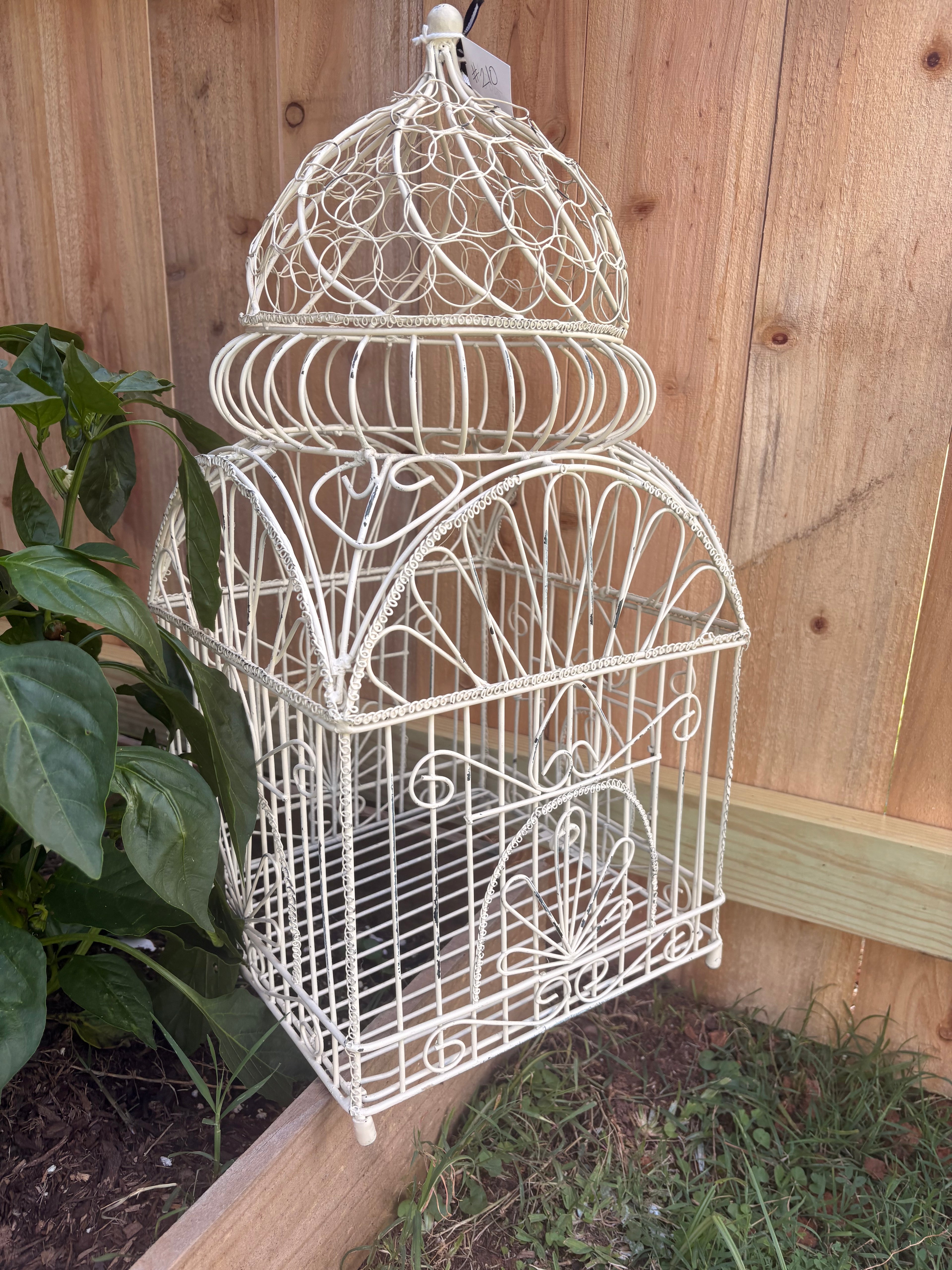 White Metal Birdcage — Vintage Cottage Decorative Accent