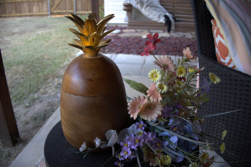 Wooden Pineapple Container with Gold-Painted Metal Top
