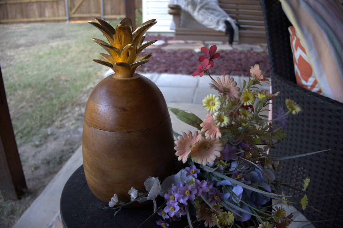 Wooden Pineapple Container with Gold-Painted Metal Top