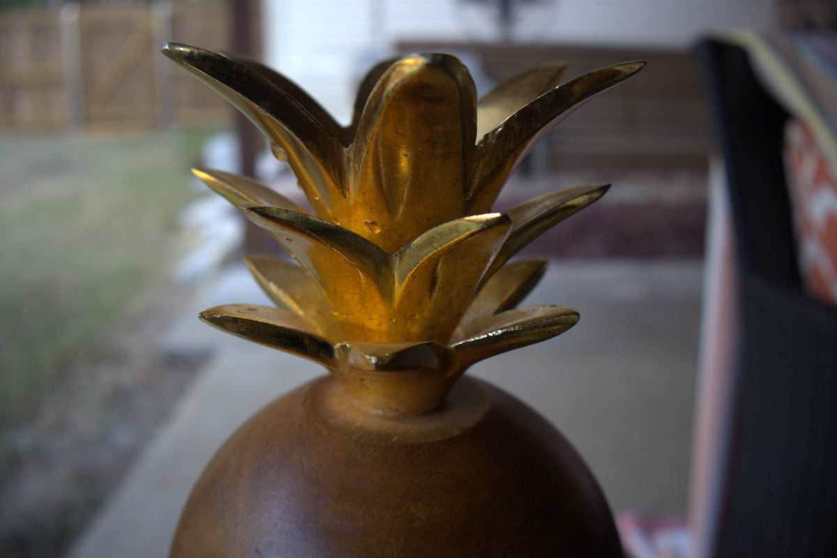 Wooden Pineapple Container with Gold-Painted Metal Top