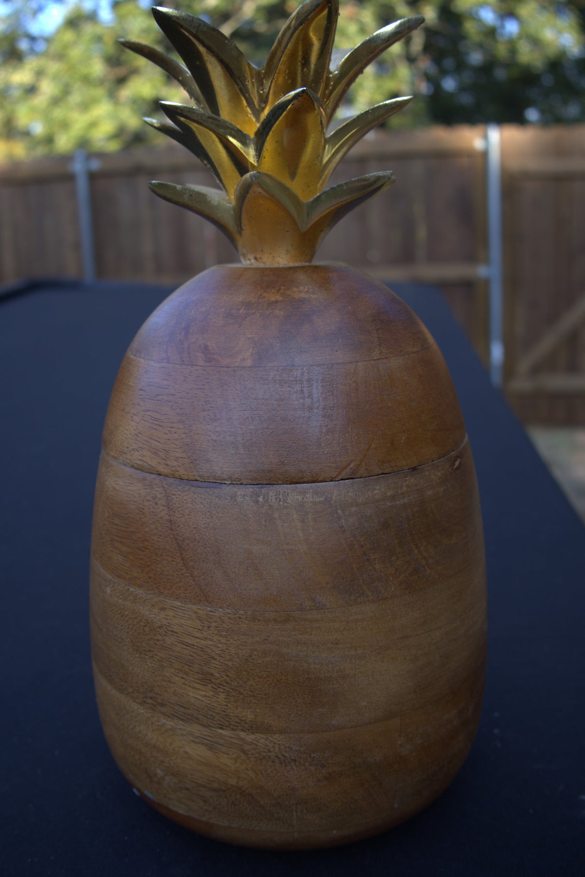 Wooden Pineapple Container with Gold-Painted Metal Top