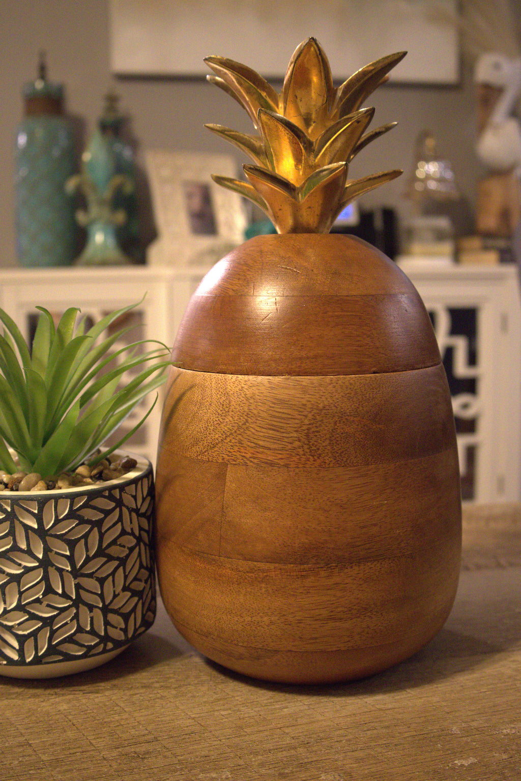 Wooden Pineapple Container with Gold-Painted Metal Top