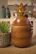 Wooden Pineapple Container with Gold-Painted Metal Top